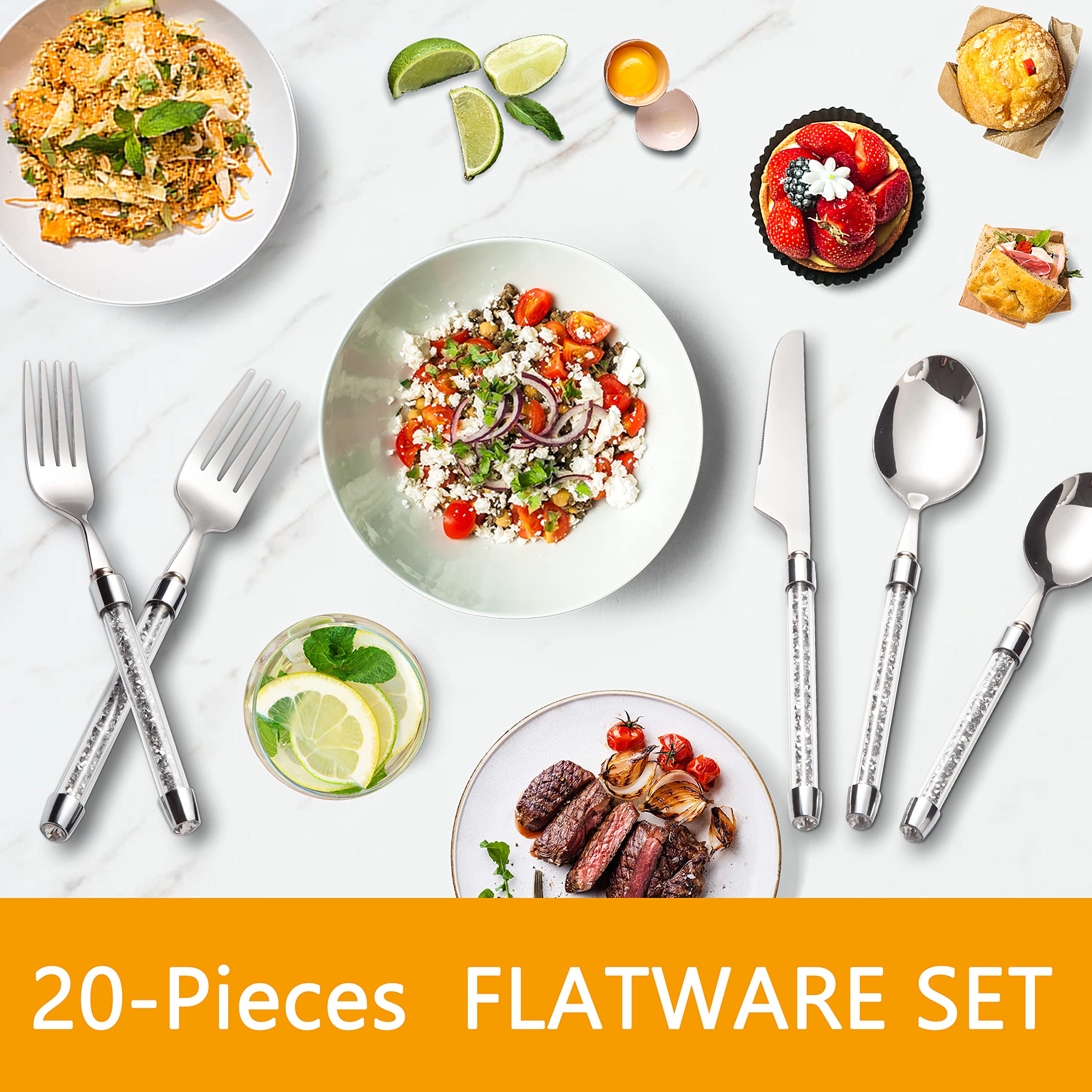 SHYFOY 20-Piece Bling Silverware Set - 18/8 Stainless Steel Flatware Cutlery with Crystal Glass Handles, Mirror Polished & Dishwasher Safe - Elegant Dinnerware for Home, Restaurant, Wedding & Party (Perfect for Formal Dining, Holiday Gatherings & Special Occasions)