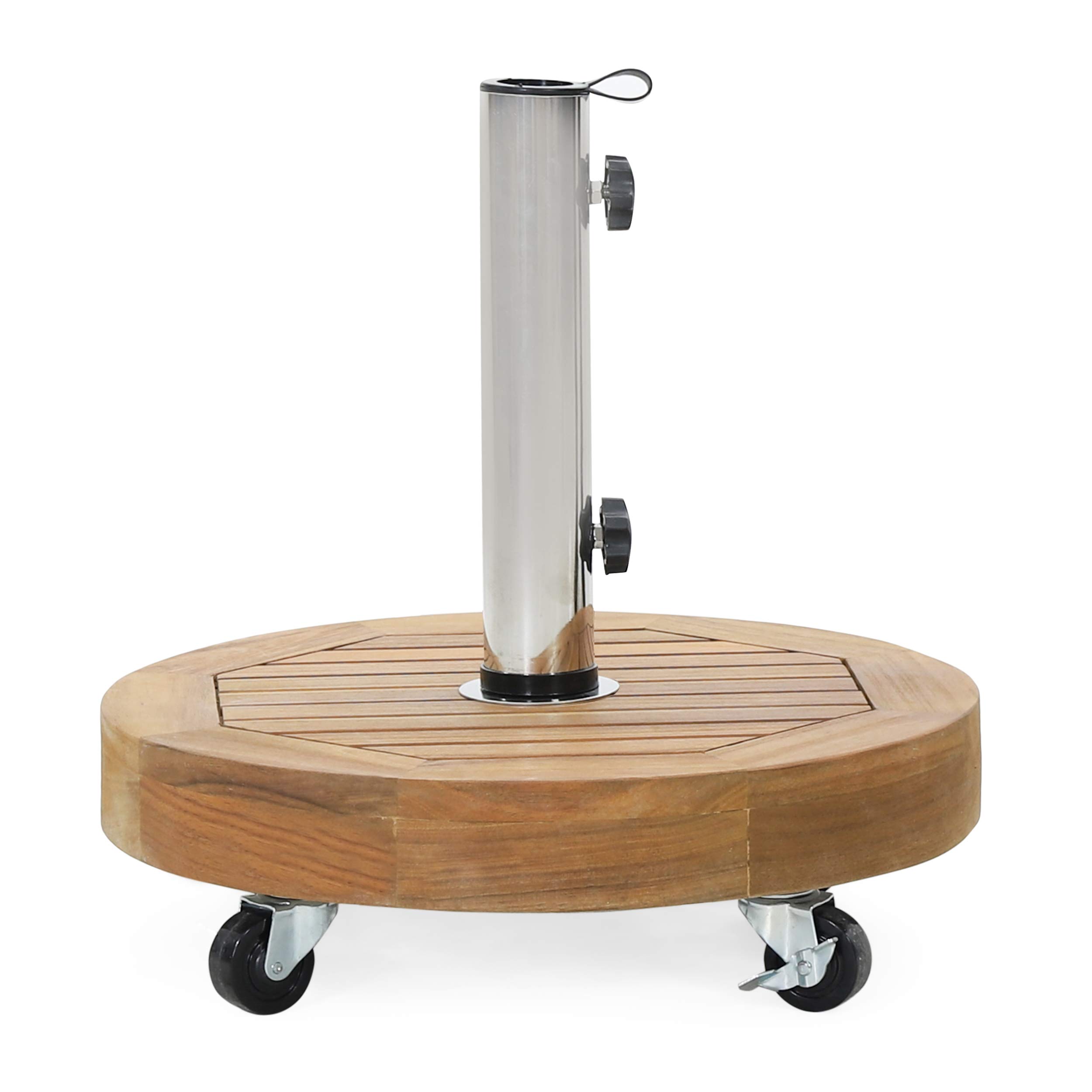 Christopher Knight Home 314641 Ralph Outdoor Umbrella Base - 17.75 Inch Heavy Duty Teak & Stainless Steel Weighted Stand - Perfect for Patio, Poolside, Garden, and Backyard Use