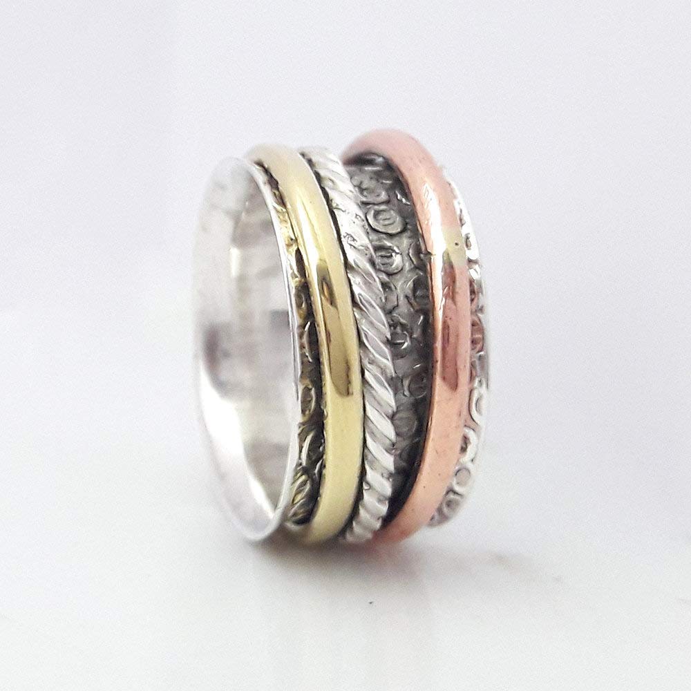 Tricolor Spinner Ring - 925 Sterling Silver Rose Gold Meditation Worry Ring - Handmade Hammered Boho Chunky Textured Jewelry for Stress Relief & Anxiety - Perfect for Yoga, Meditation & Daily Wear