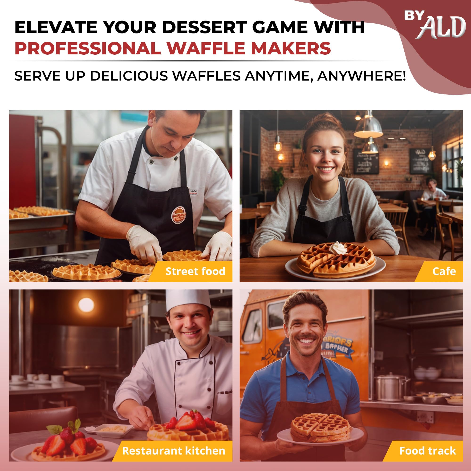 ALDKitchen Belgian Waffle Maker - Thick Rotating Waffle Iron with Nonstick Coating & Stylish Red Panel - 110V Commercial Grade for Restaurants, Cafes & Home Breakfast - Perfect for Fluffy Waffles, Pancakes & Desserts