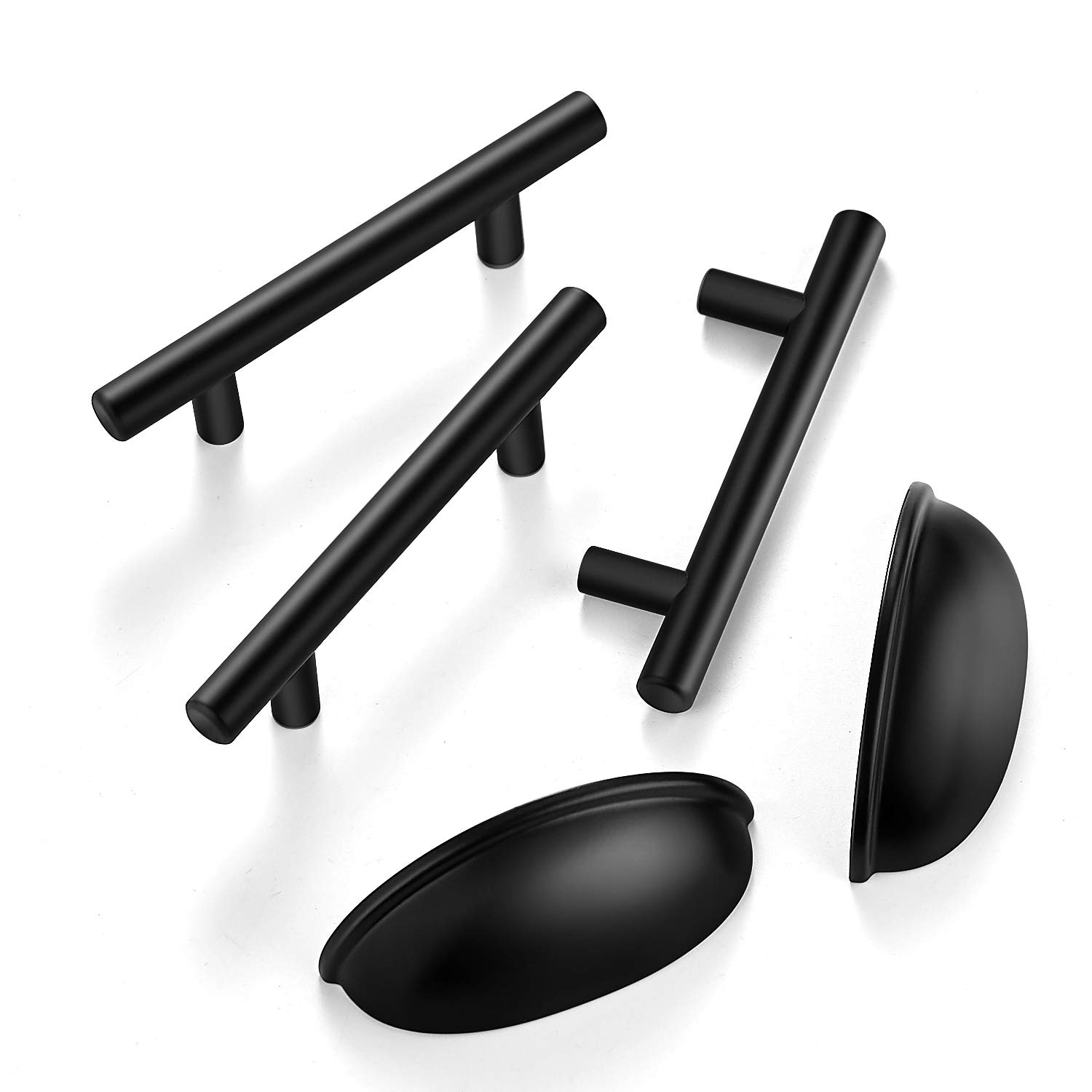 Ravinte 15-Pack 5 Inch Matte Black Cabinet Pulls & 15-Pack 3 Inch Flat Black Cabinet Cup Pulls - Modern Kitchen & Bathroom Hardware for Drawers & Cabinets
