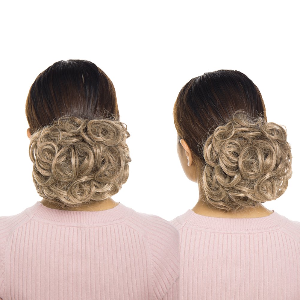 Benehair Messy Bun Hair Piece with Combs - Clip in Bun Scrunchie for Women, Juva Bun Dish, Fluffy Wavy Hair Updo, Easy Stretch Big Chignon, Short Ponytail Hairpiece - Sandy Brown & Bleach Blonde 90g - Perfect for Parties, Weddings, and Everyday Styling