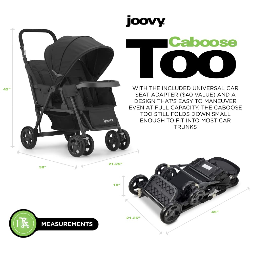 Joovy Caboose Too Sit and Stand Double Stroller with Universal Car Seat Adapter - 3-Way Reclining Seats, Rear Seat/Bench Seat/Standing Platform Options - Perfect for Twins, Siblings & Toddlers (Black) | Ideal for Shopping, Travel & Family Outings