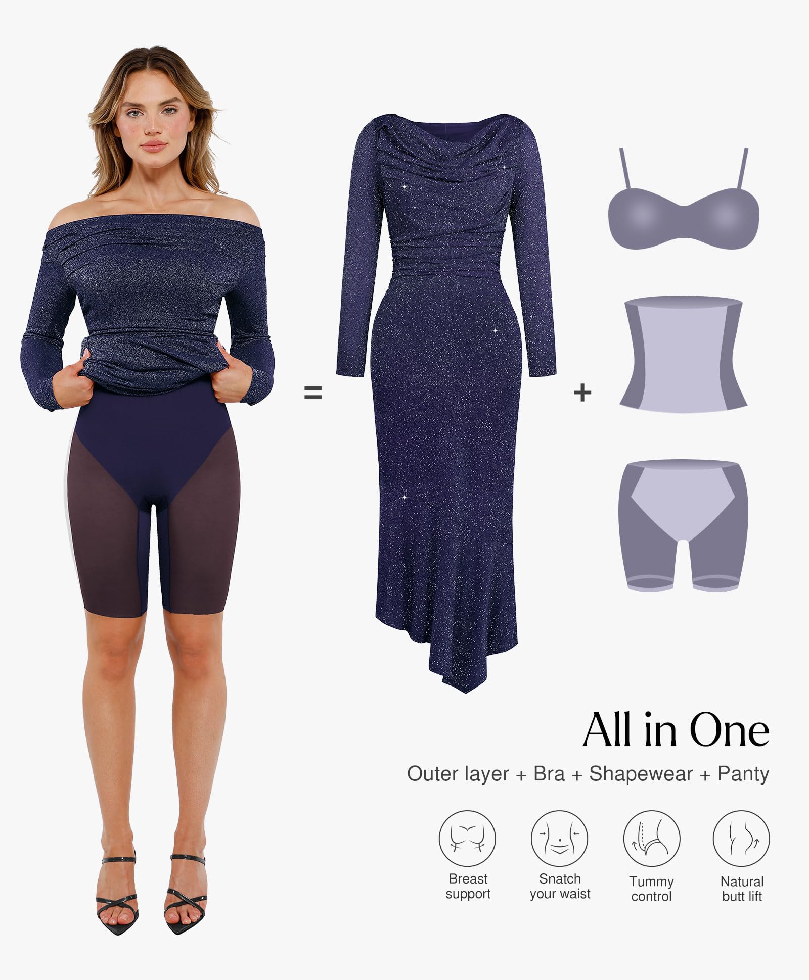 Sparkly Bodycon Mermaid Dress for Women - Long Sleeve Off Shoulder Cocktail Dress with Shapewear | Perfect for Evening Parties, Date Nights & Special Occasions