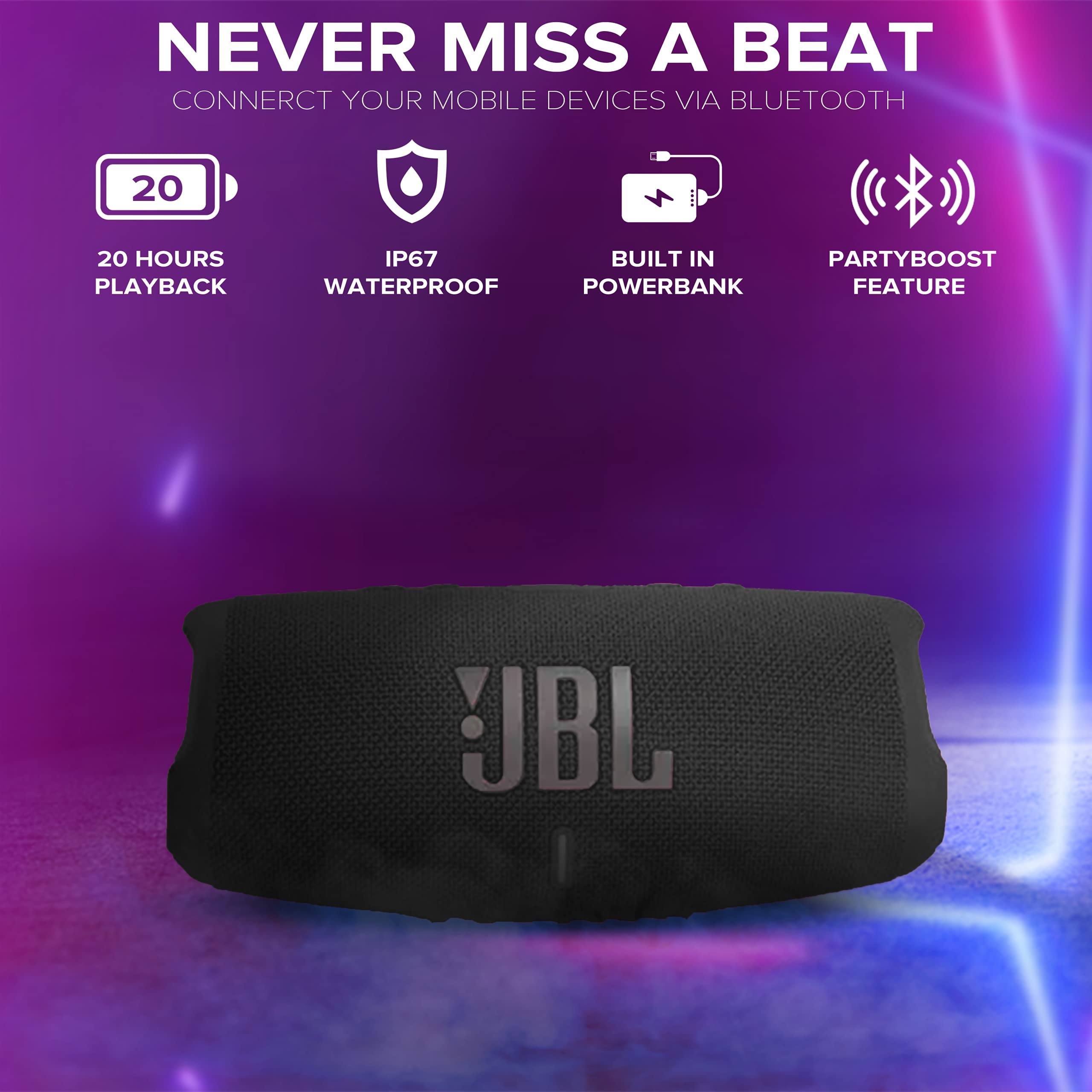 JBL Charge 5 Portable Bluetooth Speaker - IP67 Waterproof Wireless Speaker with 20H Playtime, USB Charge Out & Built-in Powerbank - Includes Durable Hardshell Travel Case (Black) - Perfect for Beach, Pool, Camping & Outdoor Adventures