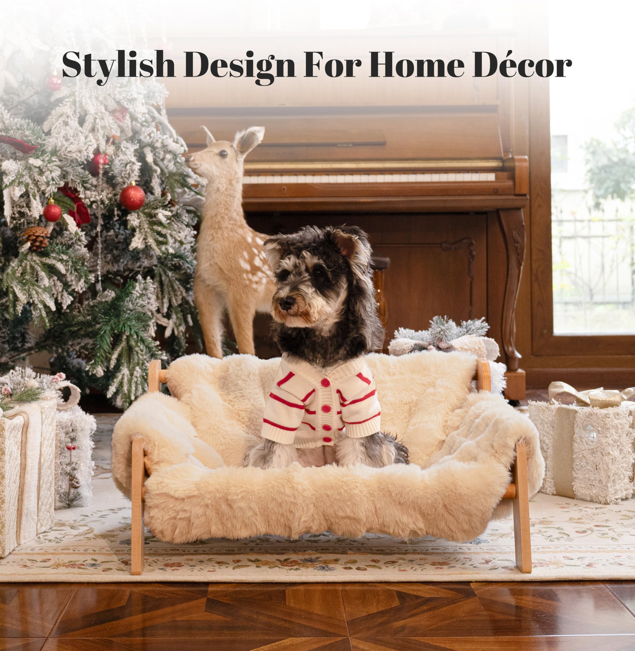 Elevated Cat Couch Bed for Indoor Cats - Fluffy Pet Sofa Recliner with Wooden Frame, Cozy Lounge Chair for Small & Medium Dogs - Perfect for Living Room, Bedroom & Pet Play Areas (Khaki)