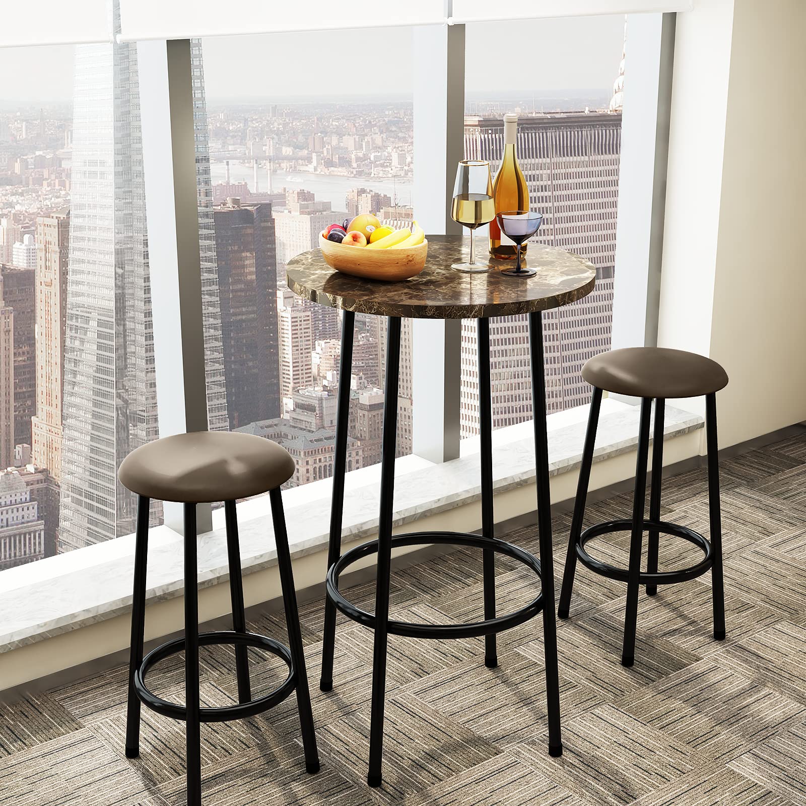 AWQM 3-Piece Modern Round Bar Table Set with 2 Bar Stools - Faux Marble Counter Height Dining Set for Kitchen, Bistro, Apartment, Restaurant & Living Room - Brown & Black - Perfect for Small Spaces, Breakfast Nooks & Entertaining Guests
