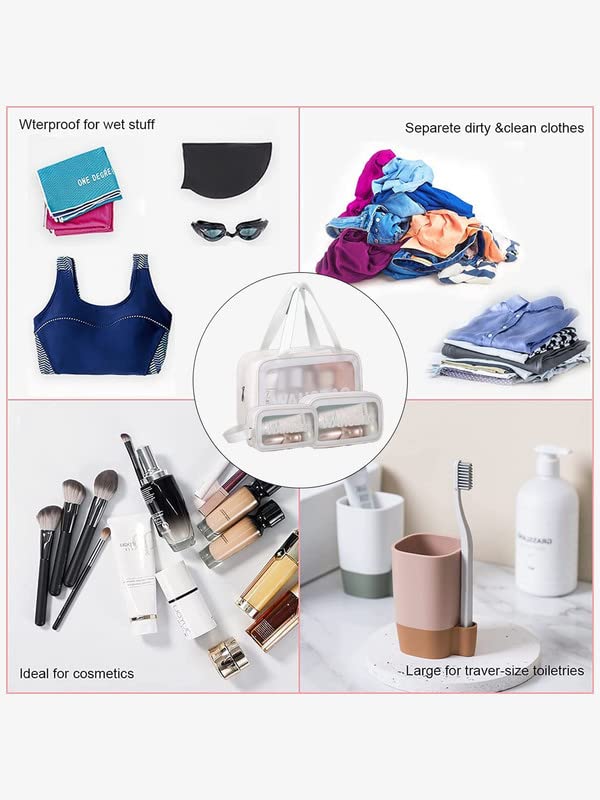 Amso Clear Makeup Pouch Set - 3 Pack Waterproof Cosmetic Organizer Bags for Women & Girls | Travel Toiletry Storage Kit (White) | Perfect for Travel, Gym & Daily Essentials Organization