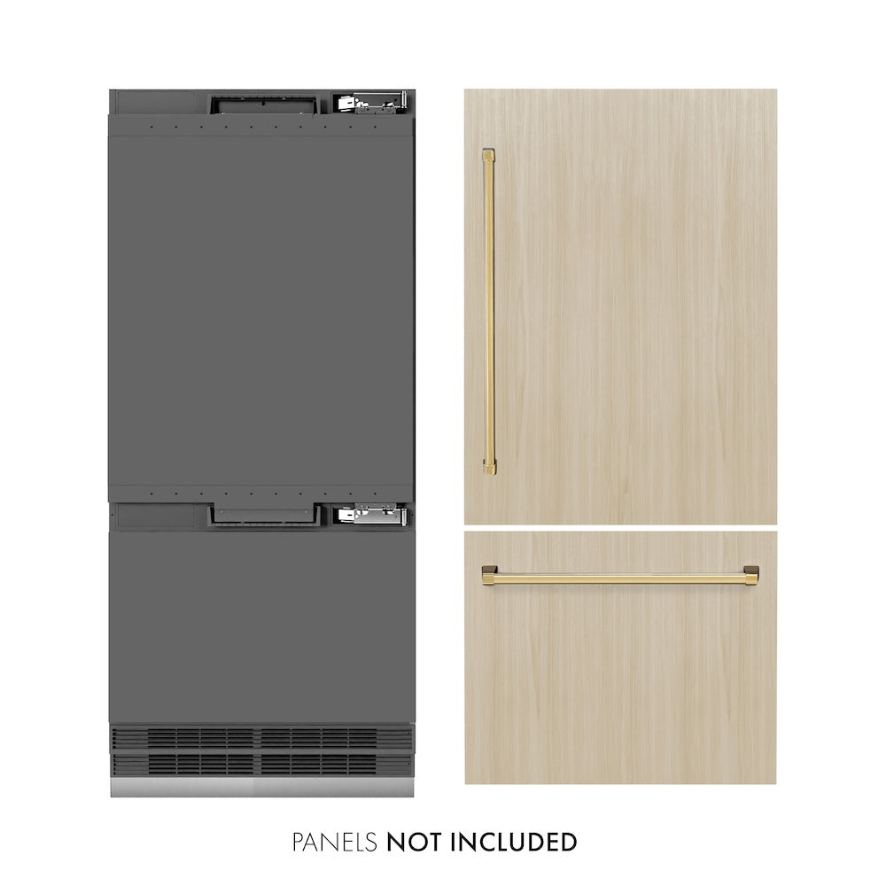 ZLINE Autograph Edition 36 Inch Built-In Bottom Freezer Refrigerator - 19.8 cu.ft Panel Ready, Water Dispenser & Ice Maker, Graphite Gray Interior with Polished Gold Accents (GRBITZ 36 G) - Perfect for Modern Kitchens and Luxury Homes