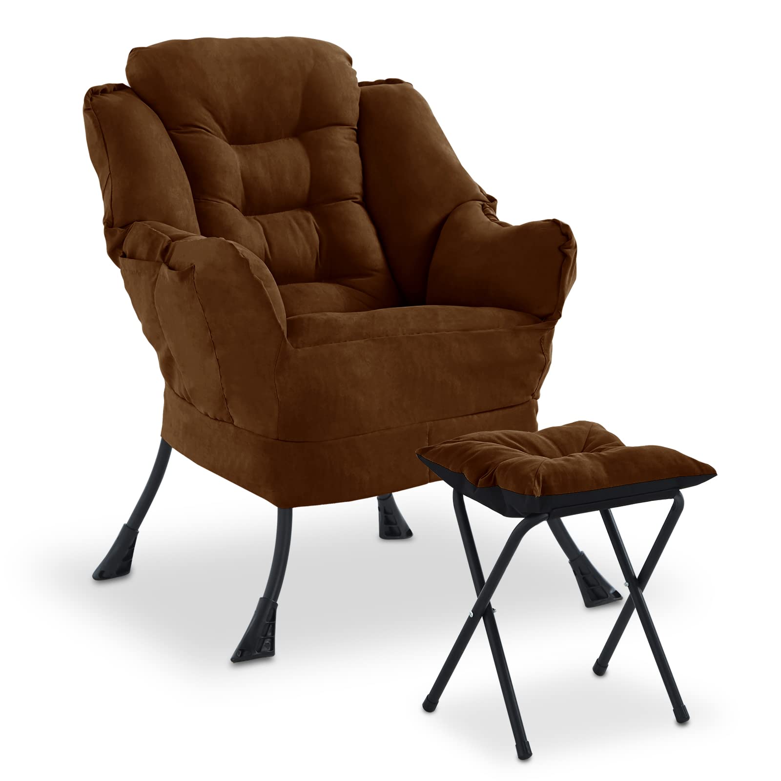 Comfortable Upholstered Lazy Chair with Ottoman & Side Pocket - Brown Accent Sofa for Living Room, Bedroom or Office - Single Recliner Chair for Relaxing, Reading & Napping