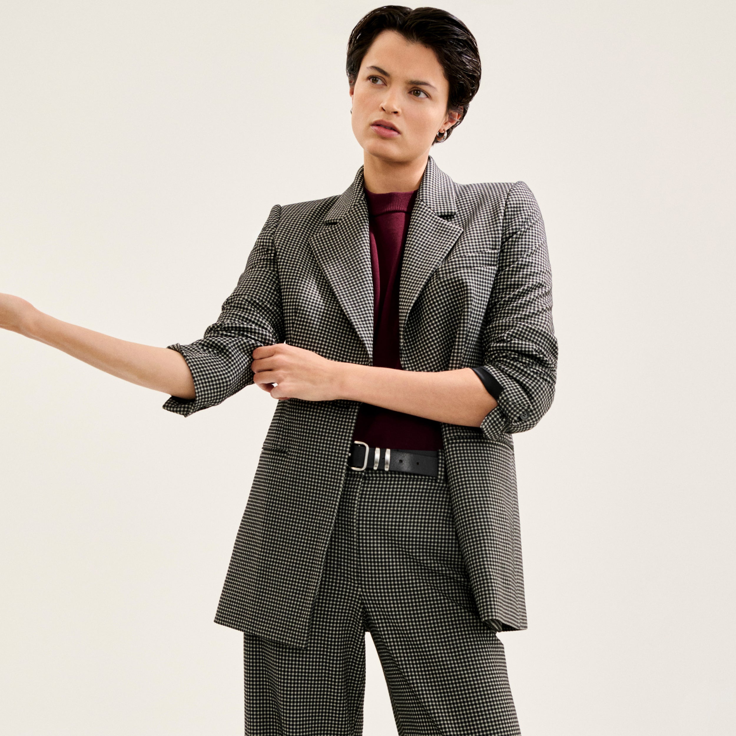 Tinsley Wide Leg Pants for Women - Soft Knit Suiting Fabric with Classic Check Pattern | Office Wear & Casual Outfits