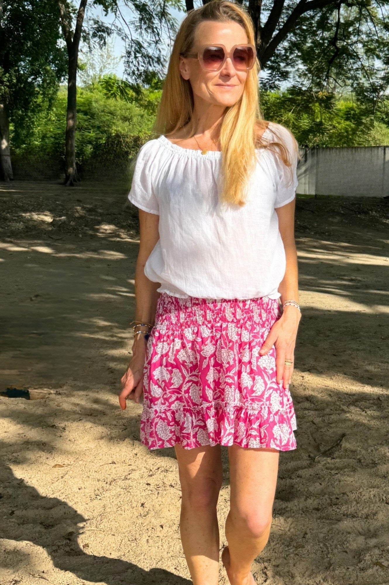 Emani Organic Cotton Skirt for Women - Soft & Comfortable Floral Print Midi Skirt | Dianthus Pink/White | Perfect for Summer Outfits, Beach Vacations & Casual Wear