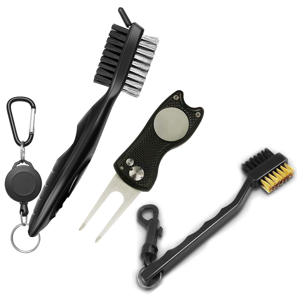 Premium 3-in-1 Golf Accessory Set - Metal Divot Repair Tool with Ball Marker, Retractable Club Groove Cleaner & Golf Brush | Perfect for Course Maintenance, Practice Sessions & Tournament Play