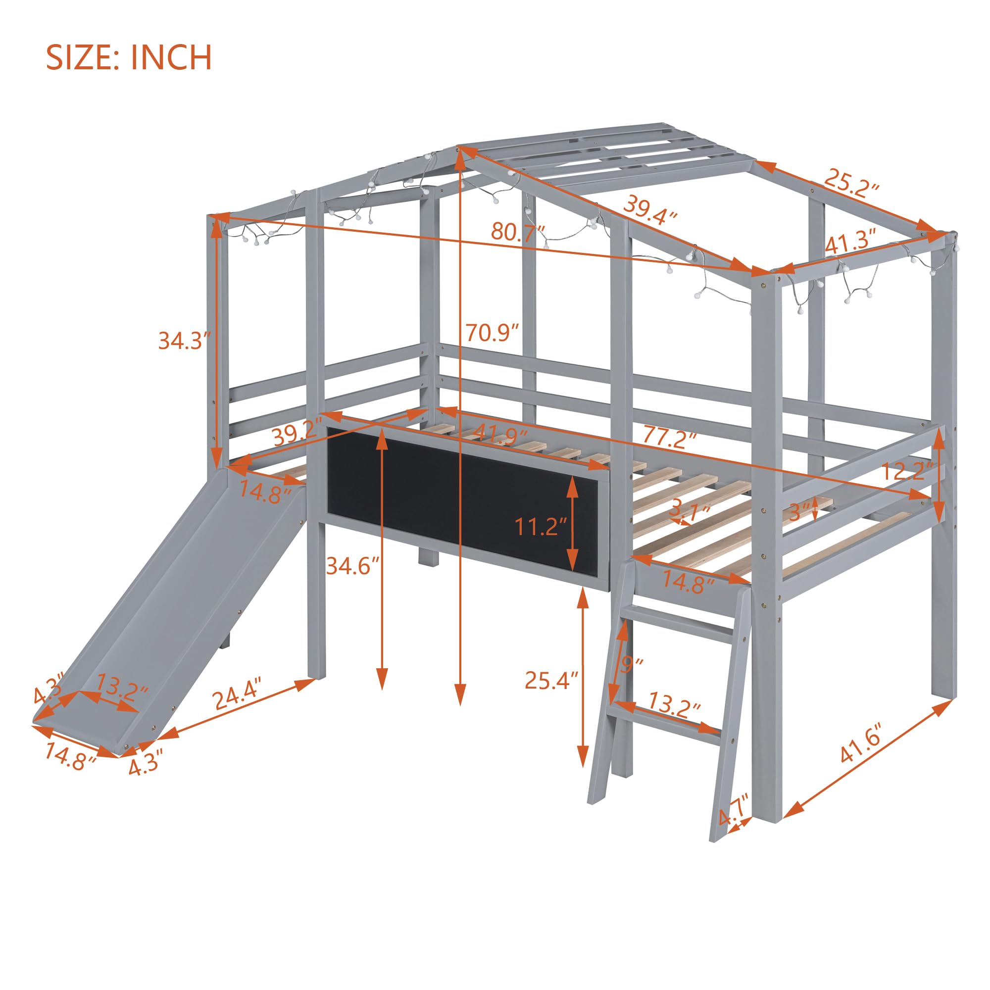 **Twin Size Loft Bed with Slide for Kids - Low Loft Bed with Blackboard & LED Light Strip - Wooden Slide Bed for Boys & Girls (Grey) - Perfect for Small Bedrooms, Playrooms & Fun Sleepovers**