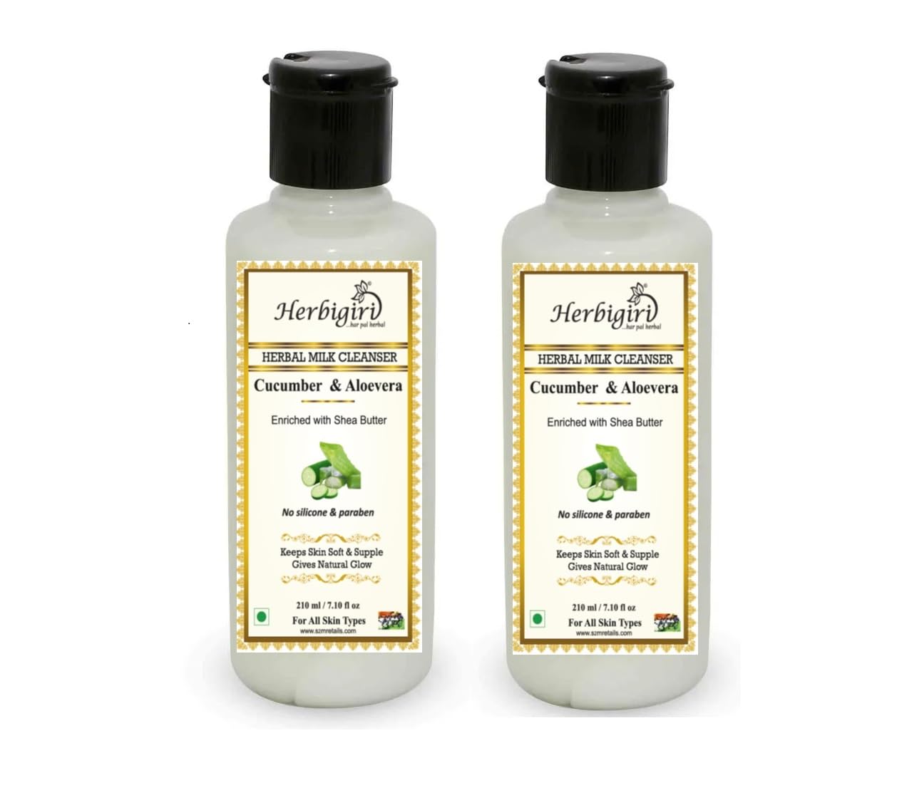 Herbigiri Herbal Milk Cleansing Face Wash with Cucumber & Aloe Vera - Natural Shea Butter Cleanser, Paraben Free (Pack of 2, 420ml) - Gentle Daily Facial Cleansing for Soft, Hydrated Skin