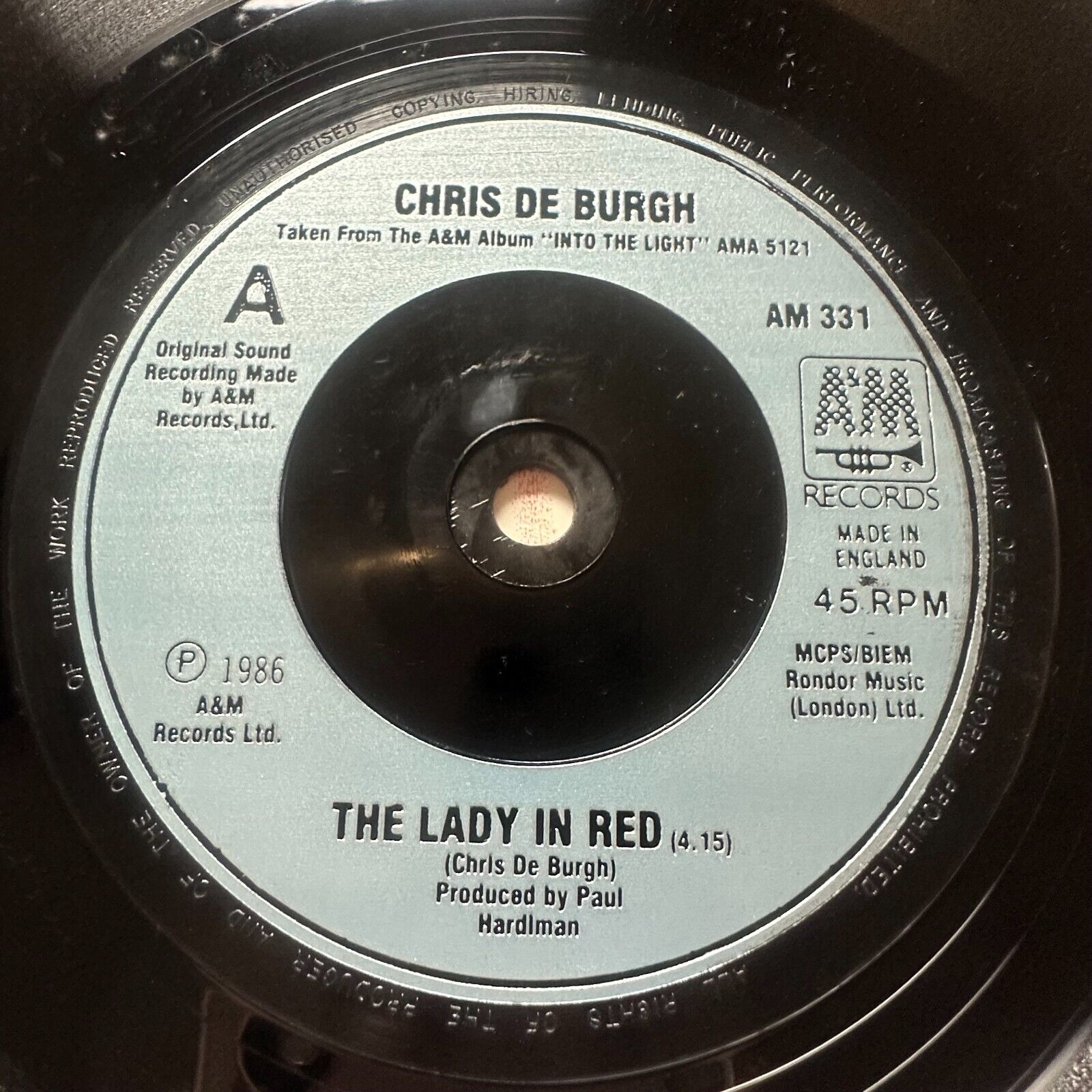 Chris DeBurgh The Lady in Red 45 RPM Vinyl Single UK AM331 1986 - Perfect for Vintage Music Collectors & 80s Nostalgia Lovers