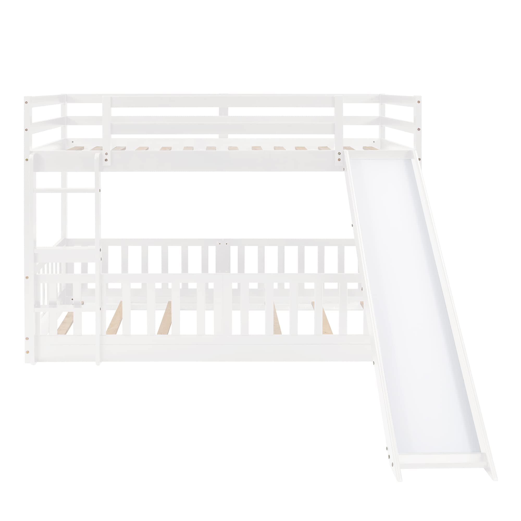 Twin Over Twin Bunk Bed with Slide & Ladder - Wooden Low Loft Bed Frame for Kids, Toddlers, Boys & Girls - Perfect for Small Bedrooms, Playrooms & Sleepovers - White