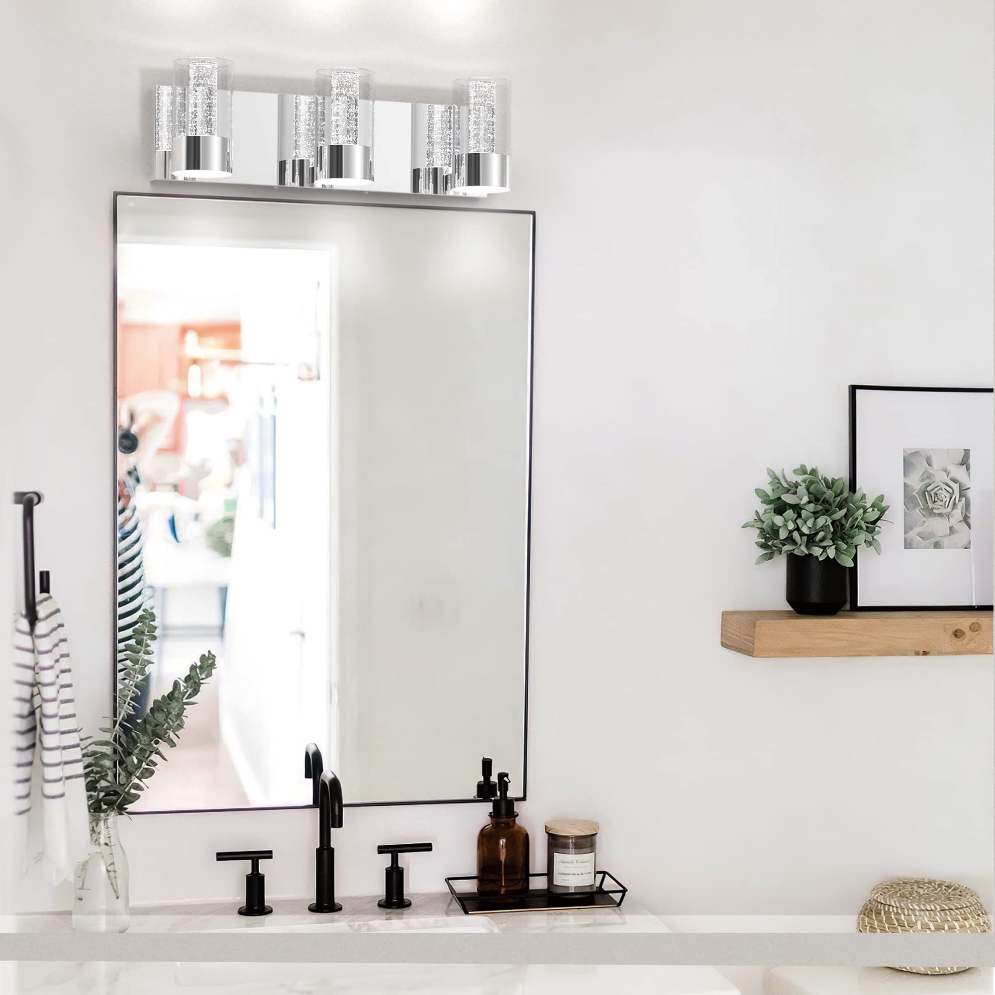 Modern Chrome LED Bathroom Vanity Light Fixture - 3 Light Crystal Bubble Glass Cylinder Design for Bathroom Mirror (6400K) | Perfect for Bathroom, Powder Room & Dressing Room Lighting