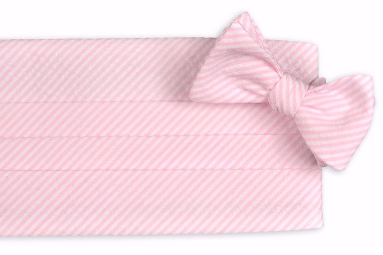 Pink Seersucker Stripe Cummerbund Set for Men - Formal Waistband Accessory for Weddings, Prom & Tuxedo Outfits