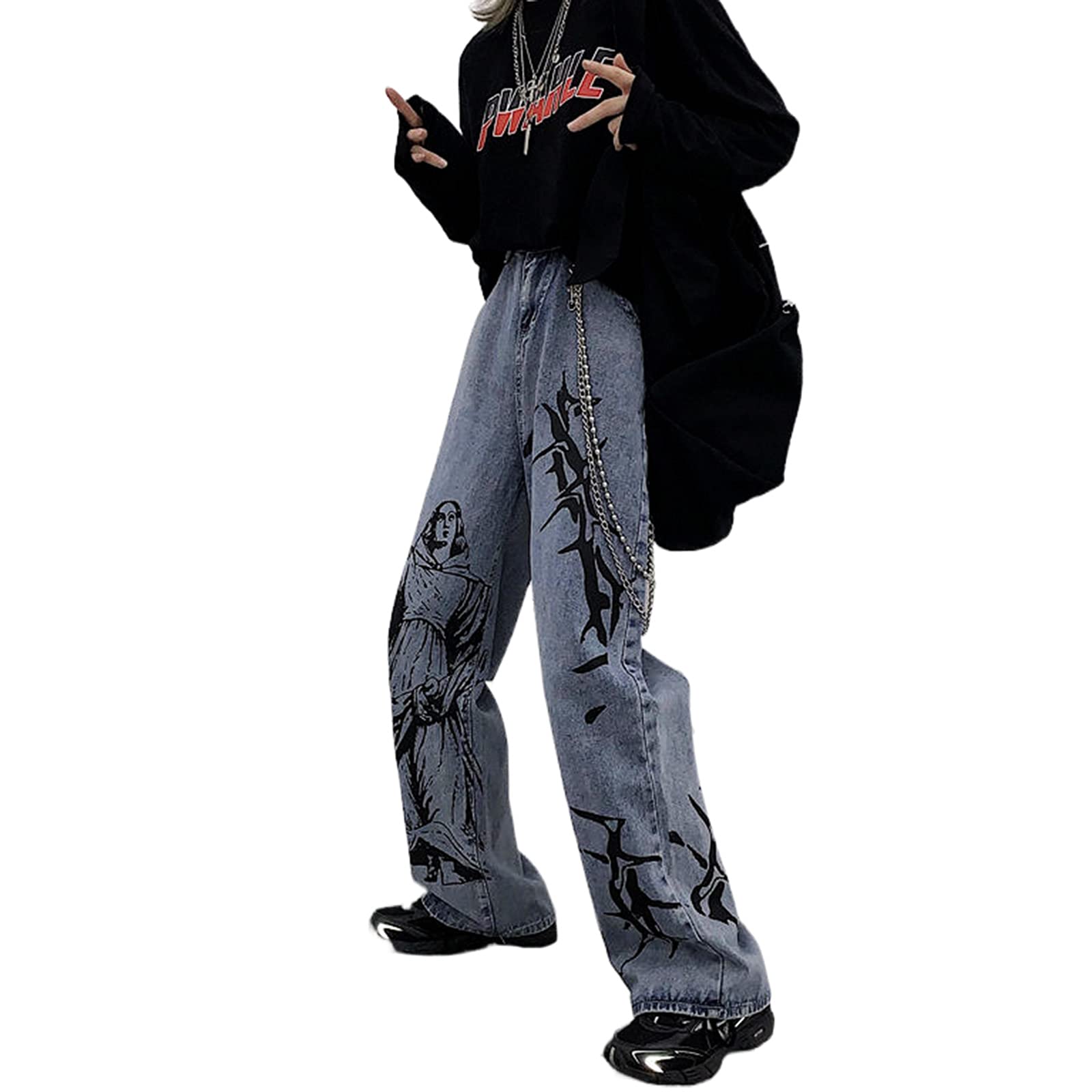 FOMOYUU High Waisted Baggy Jeans for Women - Y2K Streetwear Fashion with Print Design | Perfect for Teen Girls & Casual Outfits | Great for Parties, Shopping & Everyday Wear