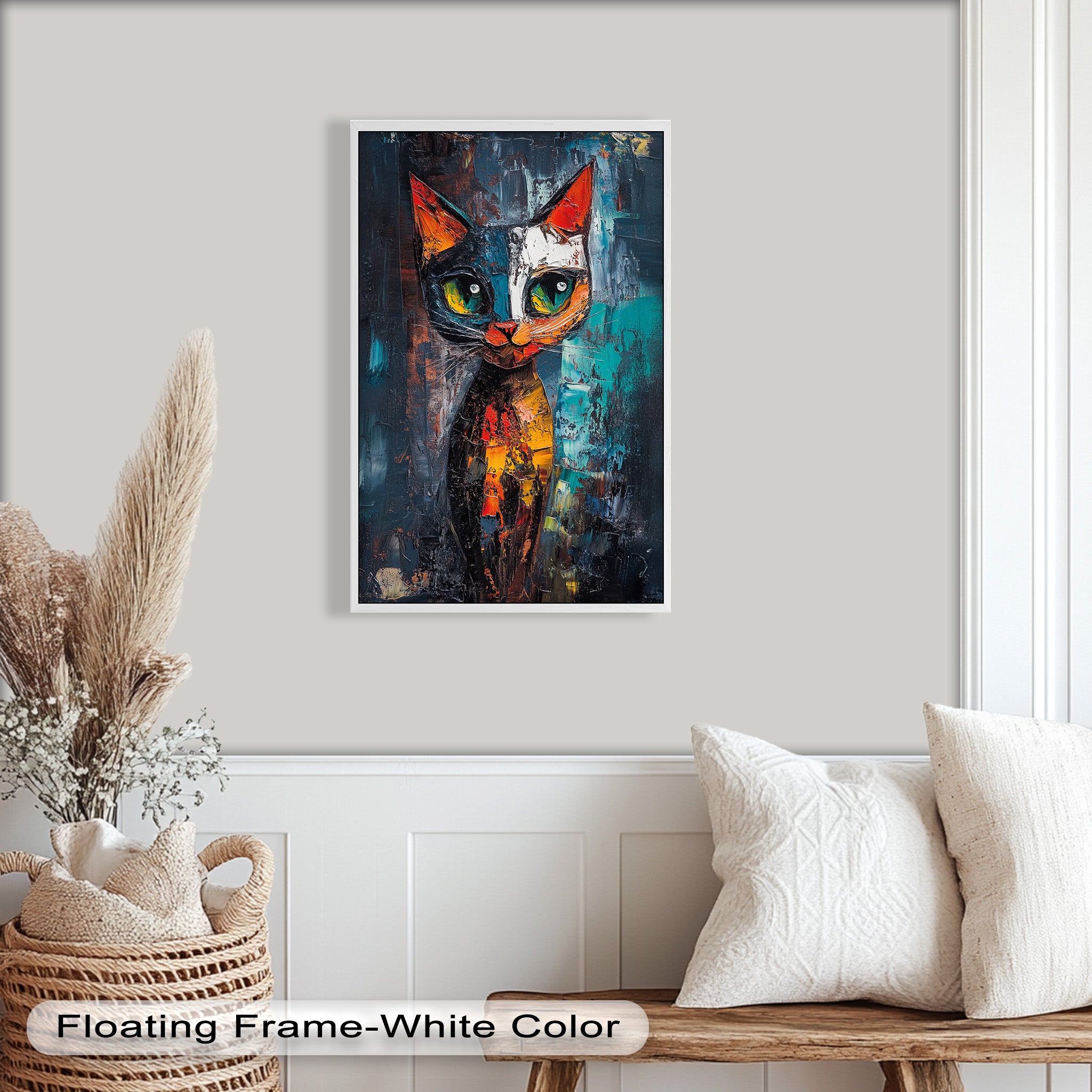 Abstract Cat Portrait with Neon Hues - Vibrant Animal Oil Painting Wall Art for Living Room, Bedroom & Office Decor