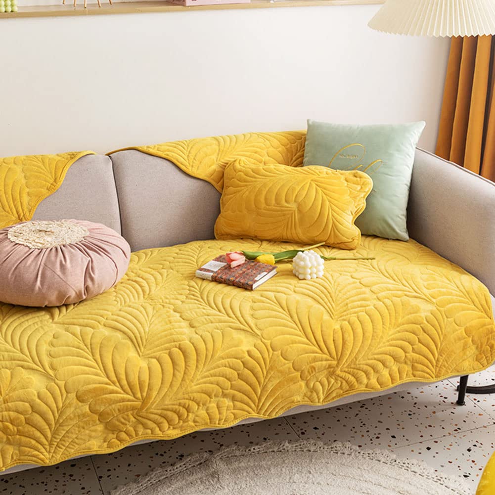 VCTOPS Super Soft Flannel Sectional Couch Cover - Leaf Pattern Non-Slip Quilted L-Shape Sofa Slipcover, Plush Thickened for Kids & Pets (Yellow, 43