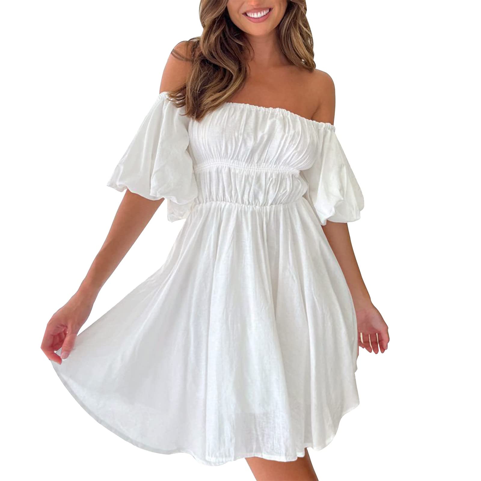 Women's Summer Dress - Puff Sleeves Off Shoulder Mini Dress with Ruffles, A-Line Flowy Swing Design for Comfort | Perfect for Beach Vacations, Date Nights & Summer Parties
