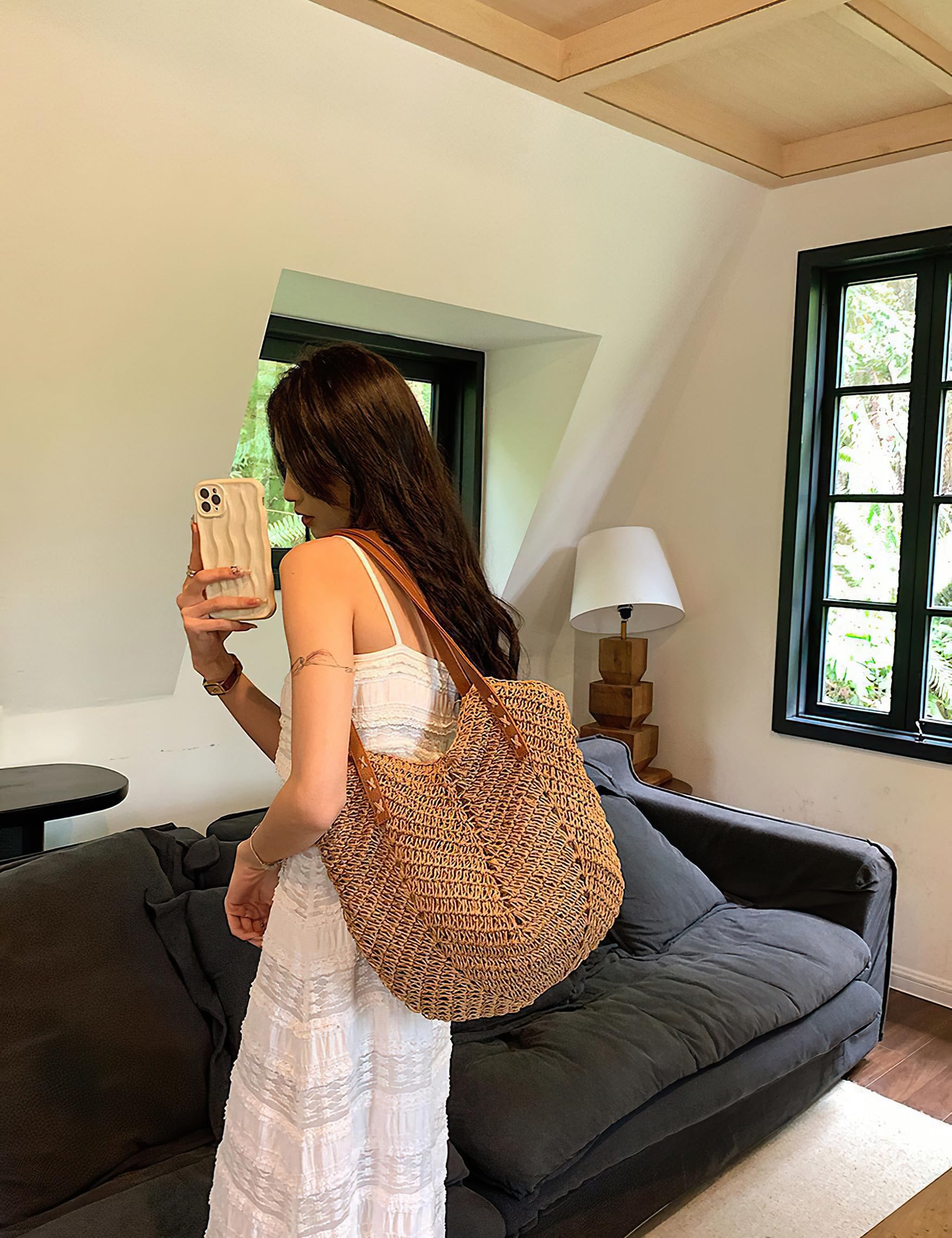 Women's Woven Straw Beach Tote Bag - Large Capacity Summer Shoulder Bag for Vacation, Travel & Shopping - Natural Brown Boho Style