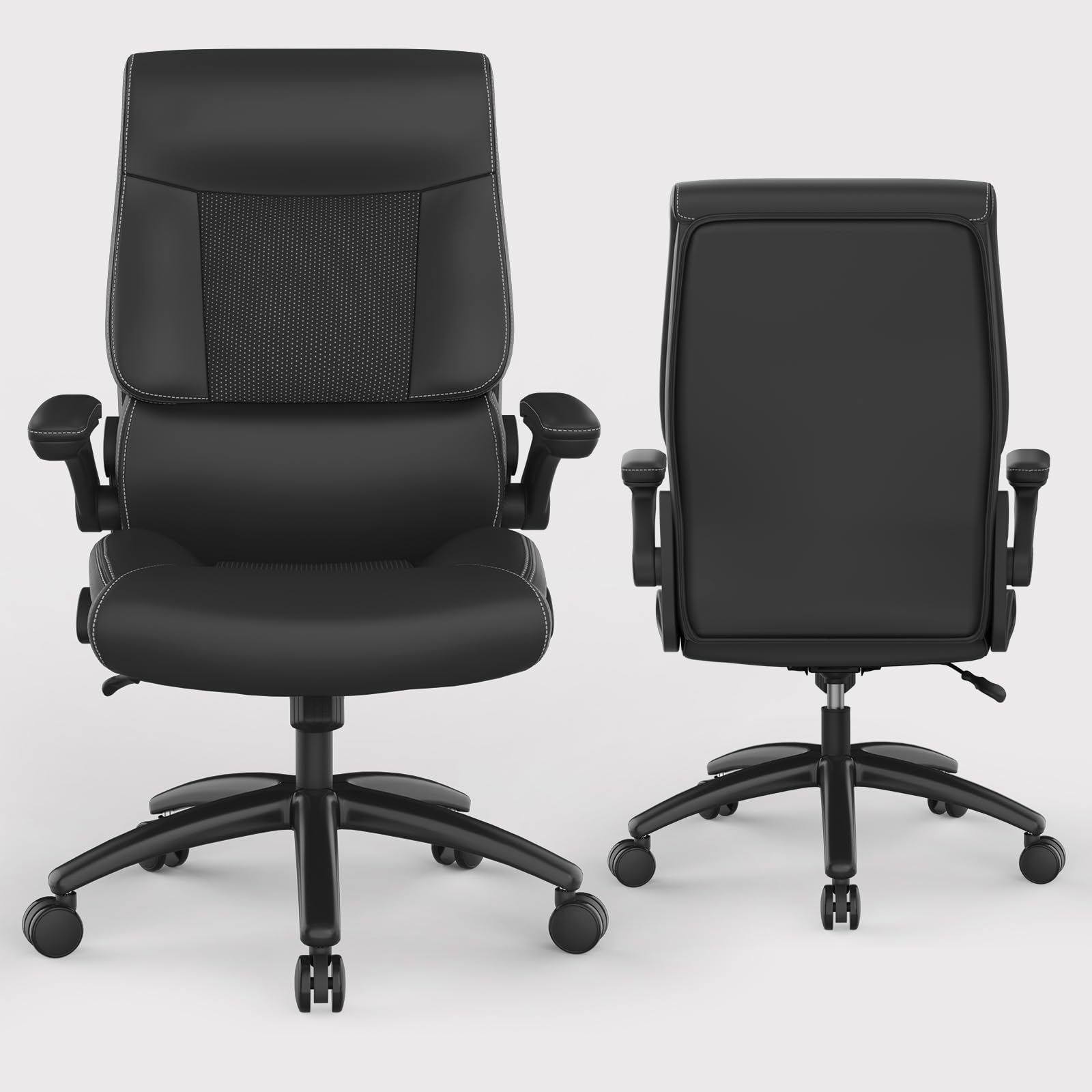 Ergonomic Big and Tall Office Chair - 500LBS Weight Capacity PU Leather Executive Chair with Adjustable Lumbar Support & Flip-Up Armrests - High Back Desk Chair for Home Office, Gaming, and Workspaces - Black