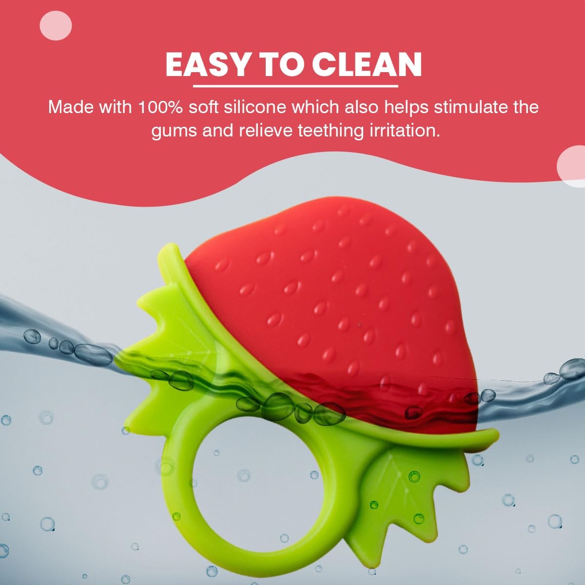 Non-Toxic Food-Grade Silicone Baby Teether for 2+ Months - BPA Free, Pain Relief for Teething Infants (Strawberry Red & Bottle Pink) | Perfect for Soothing Sore Gums at Home or On-the-Go