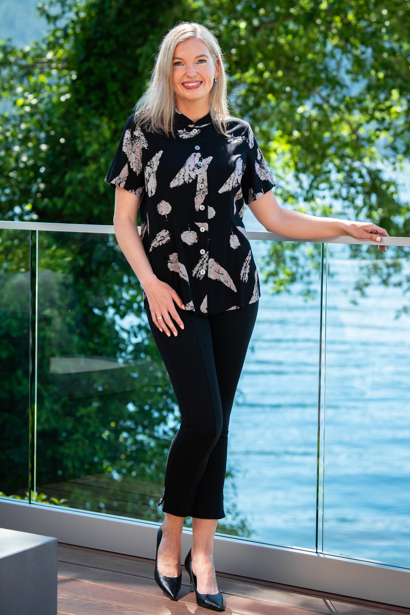 Debra Top - Leaf Shadow Linen Bamboo Blouse | Women's Fashion Final Sale | Perfect for Summer Outfits & Casual Wear