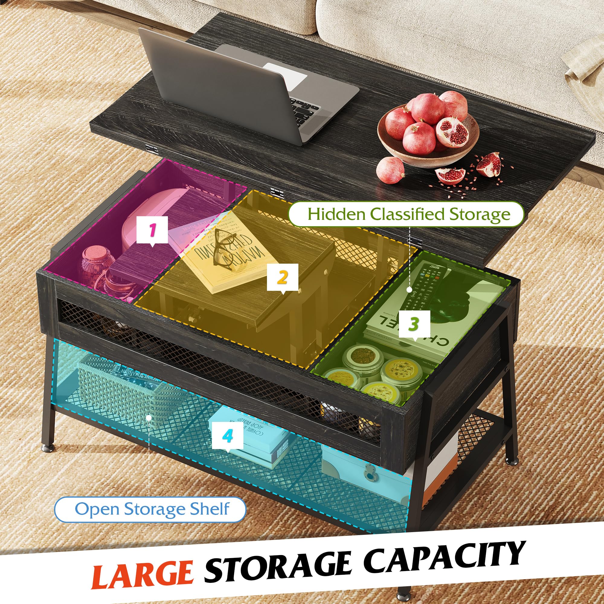 WLIVE 3-in-1 Lift Top Coffee Table with Hidden Storage | Convertible to Dining Table | Charcoal Black | Perfect for Living Room, Small Spaces & Home Office Use
