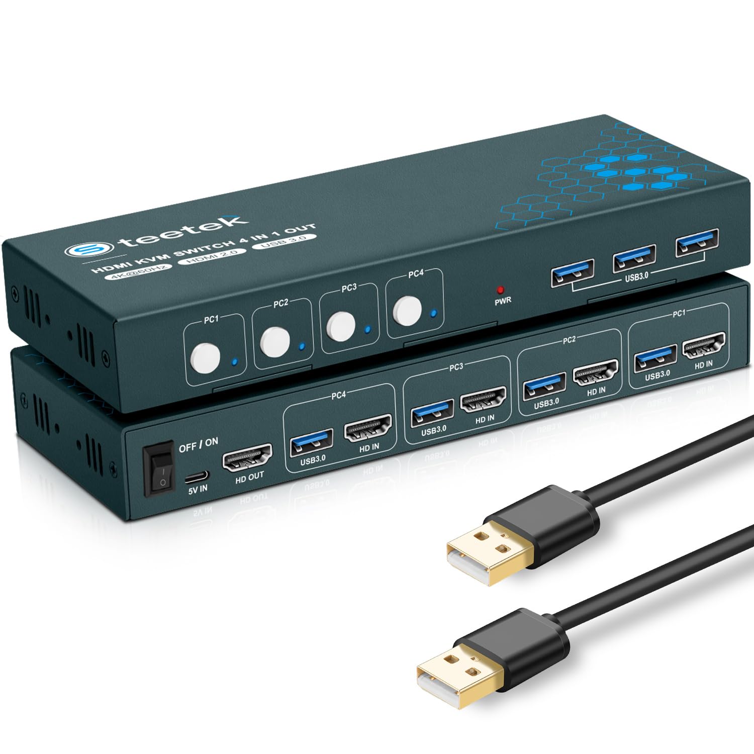 Steetek 4 Port HDMI KVM Switch - 4K UHD @60Hz, USB 3.0 Hub, Share 1 Monitor & 4 USB Devices Among 4 Computers - Button Switch, HDMI 2.0 HDCP 2.2 with Cables - Perfect for Home Office, Gaming & Multi-Device Workspaces