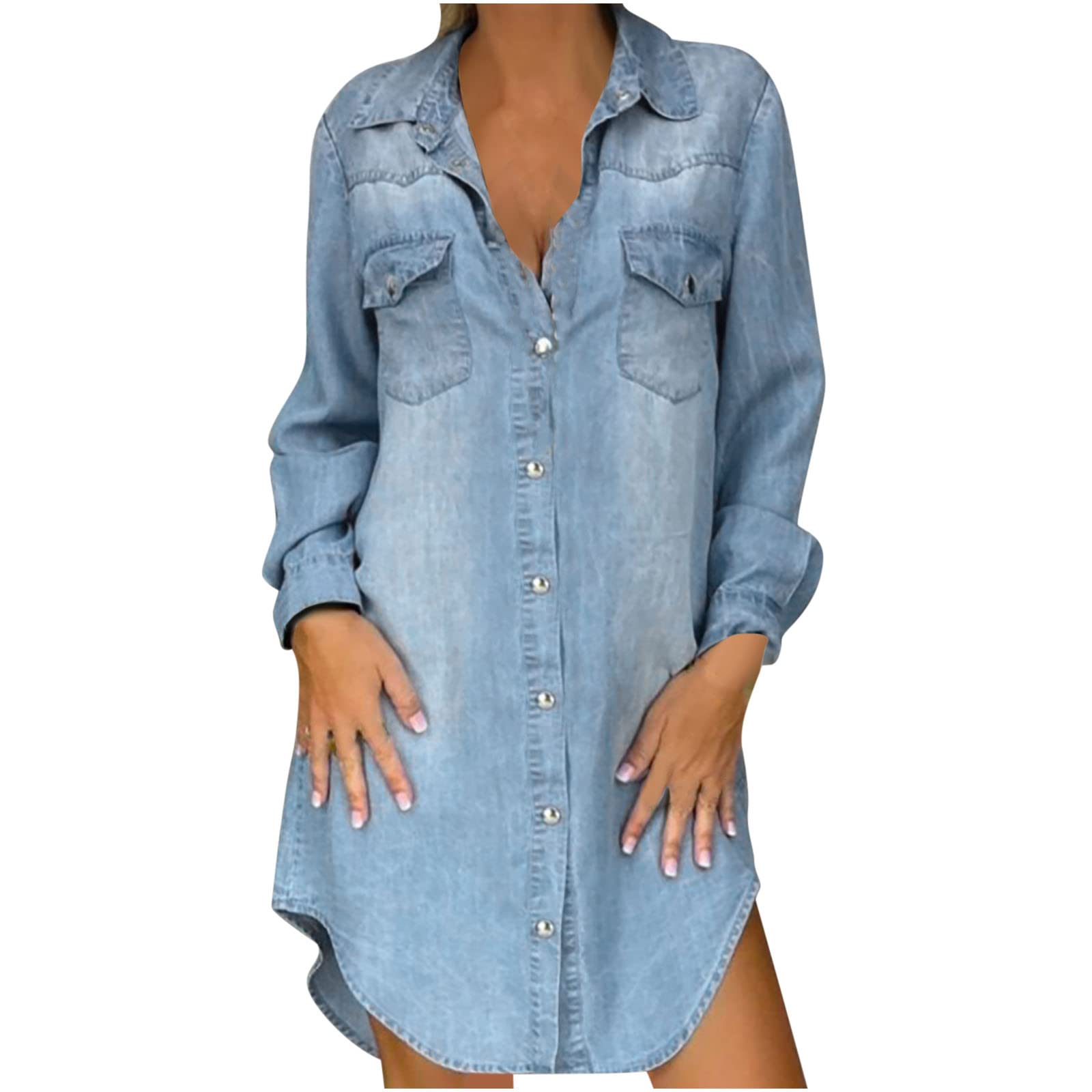 Women's Distressed Denim Shirt Dress - Long Sleeve Button Down V-Neck Casual Tunic Top Blouse | Stylish Layering Piece for Fall & Spring Outfits, Perfect for Casual Wear, Date Nights and Office Looks