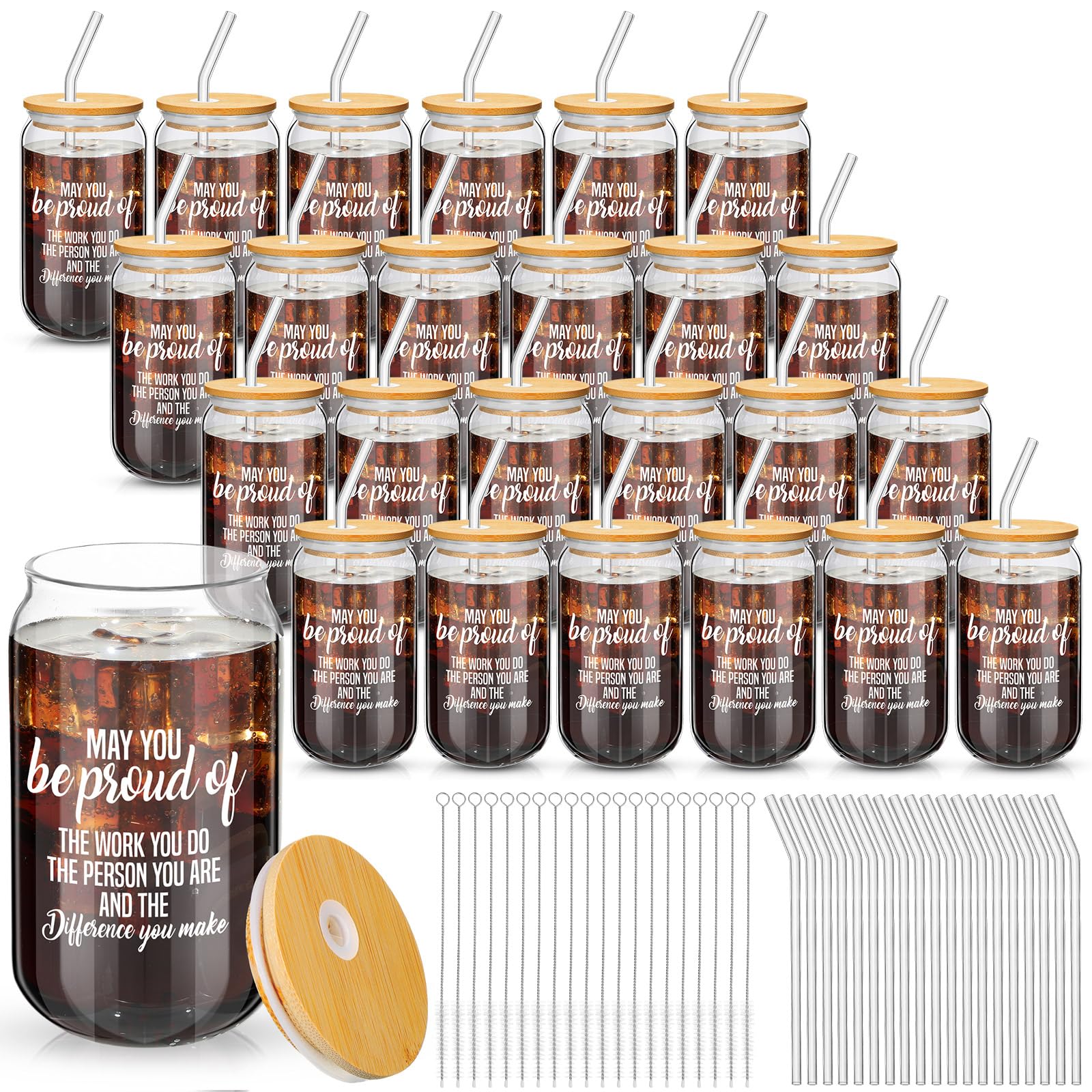 24-Pack Dandat 16oz Inspirational Glass Cups with Bamboo Lids & Straws - Bulk Thank You Gifts for Employees, Coworkers - Perfect for Office Appreciation, Christmas, Thanksgiving & Birthday Celebrations - Ideal for Coffee, Tea, Smoothies & Cold Beverages