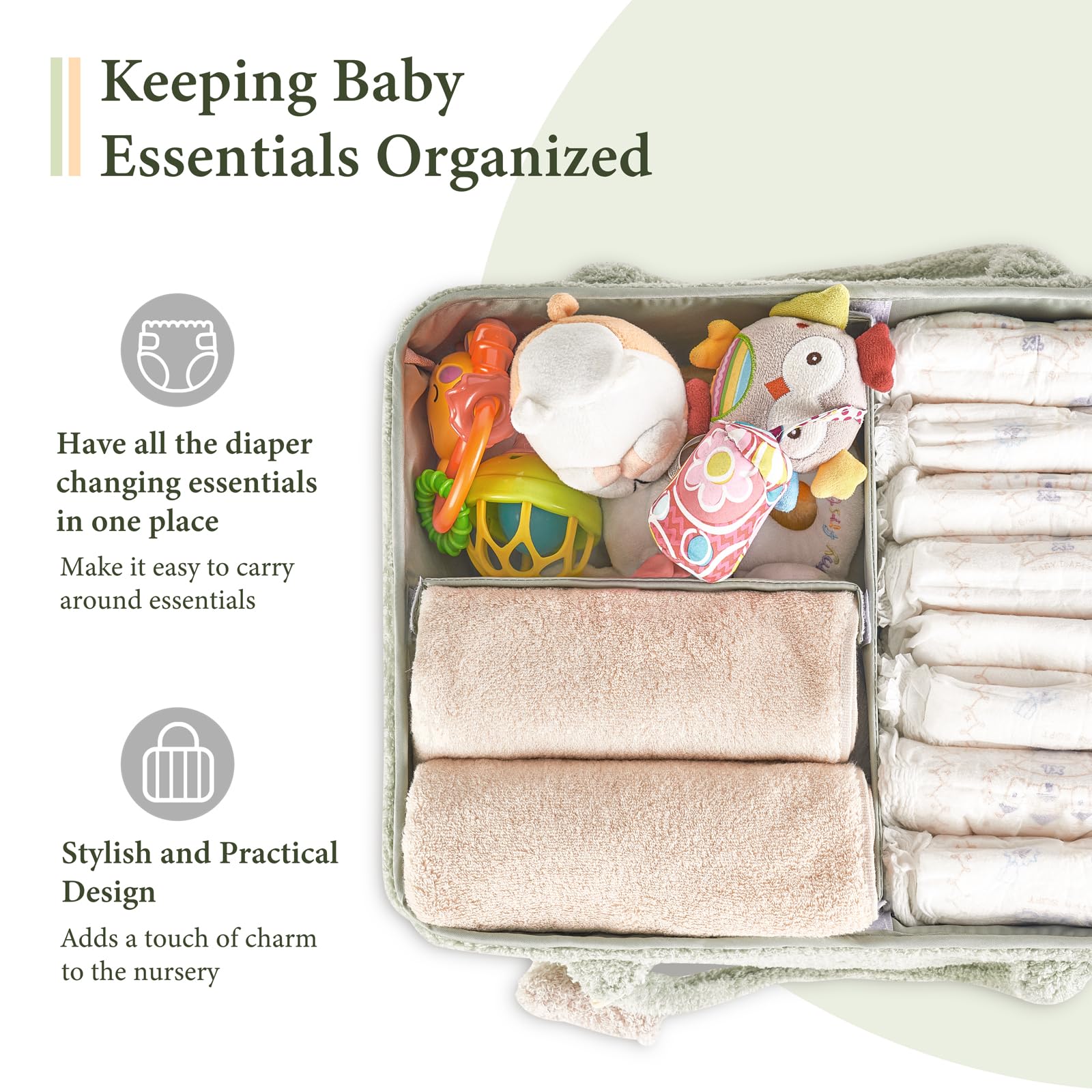 Dahey Baby Diaper Caddy Organizer with Bear - Portable Nursery Storage Basket for Newborn Essentials | Perfect Baby Shower Gift & Registry Stuff | Ideal for Changing Table, Nursery Organization & On-the-Go Diaper Bag (Green)