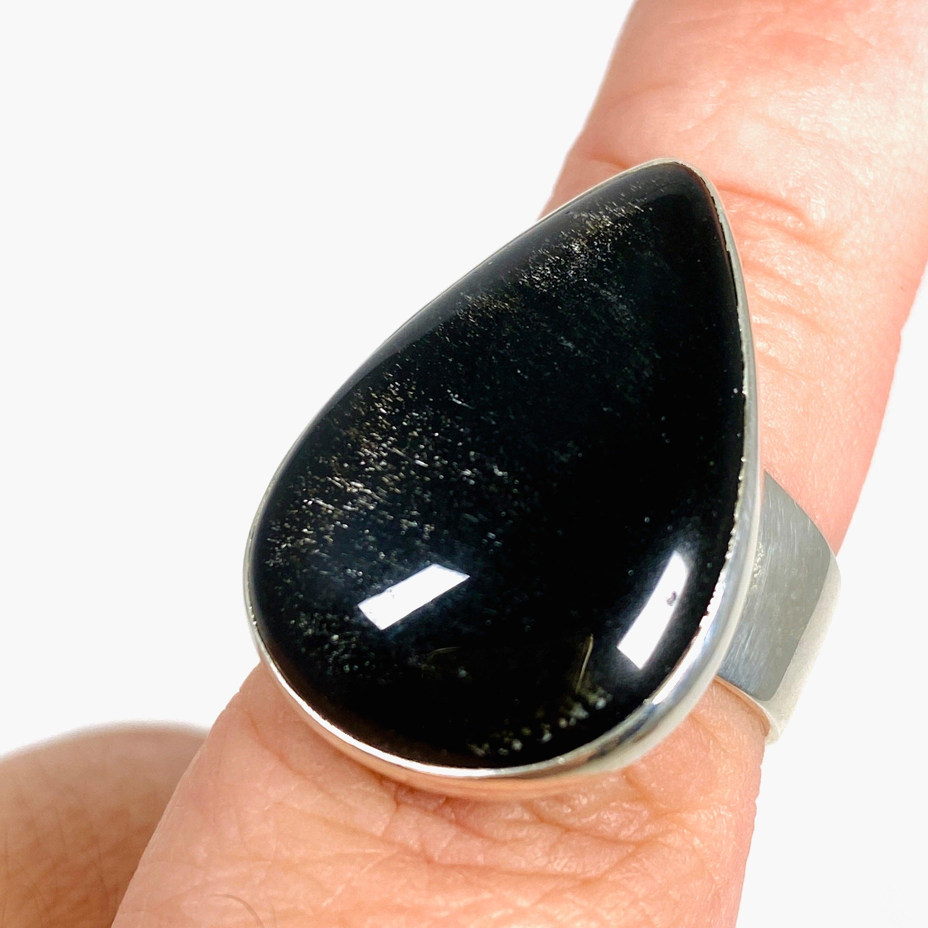 Silversheen Obsidian Teardrop Ring - Size 8 (KRGJ2926) | Elegant Gothic Jewelry for Women, Perfect for Evening Parties & Special Occasions