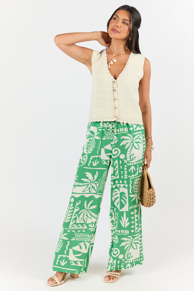 Women's Island Escape Green Printed Pull On Pants - Comfortable Elastic Waist Lounge Pants for Yoga, Travel & Home Relaxation