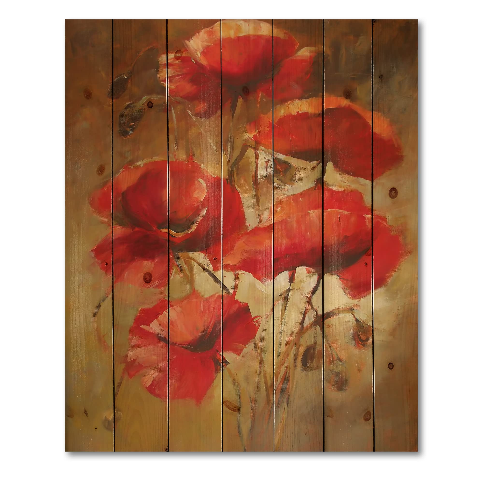DesignQ Red Blossoming Poppies Traditional Wood Wall Art - Large Floral Pine Wood Wall Decor Panel - Handcrafted Home Decor for Living Room, Bedroom & Office