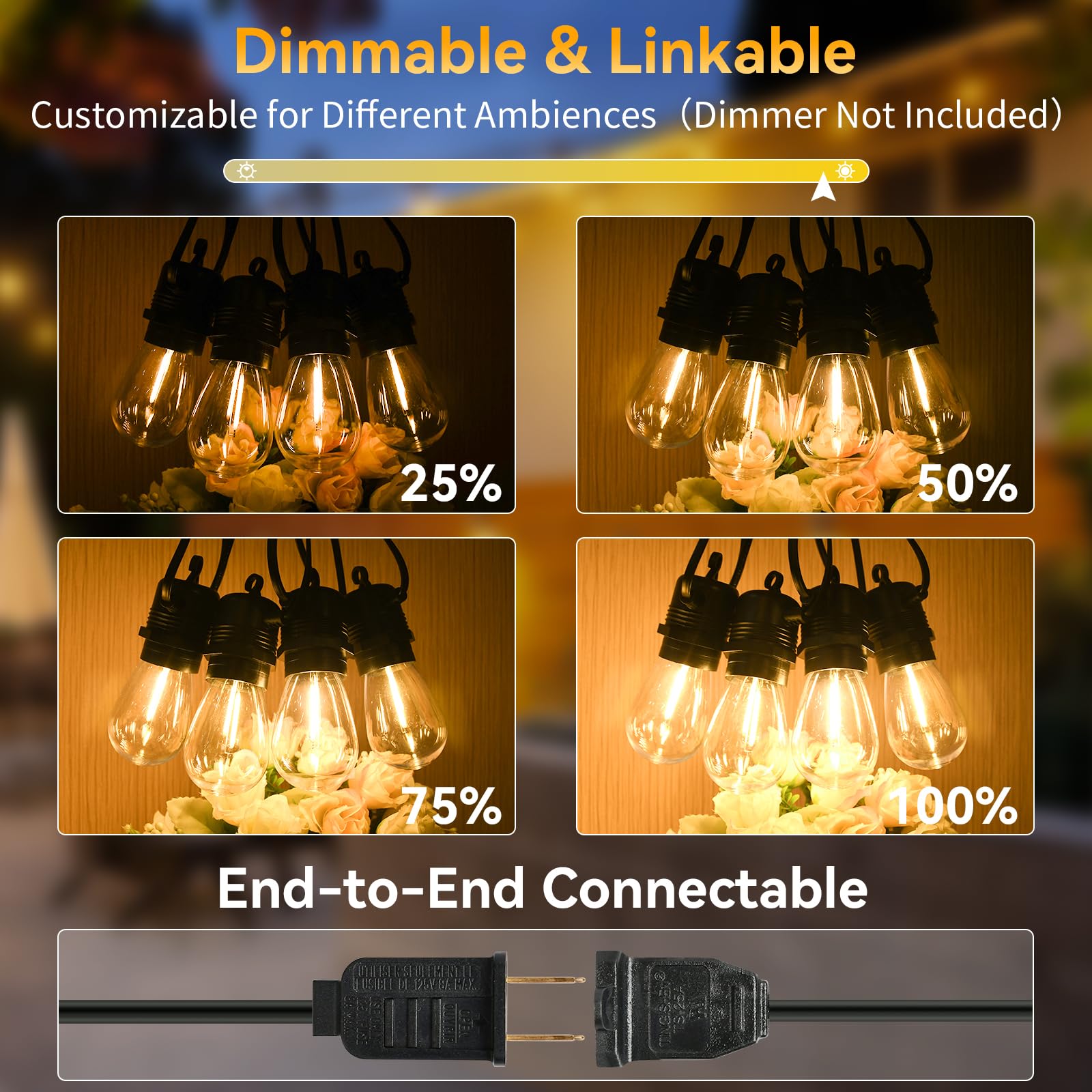 Waterproof 25FT LED Outdoor String Lights - Shatterproof S14 Bulbs, Dimmable & Linkable Patio Lights for Porch, Backyard, Garden, Balcony, Bistro & Commercial Use | Perfect for Outdoor Dining, Wedding Decor & Landscape Lighting