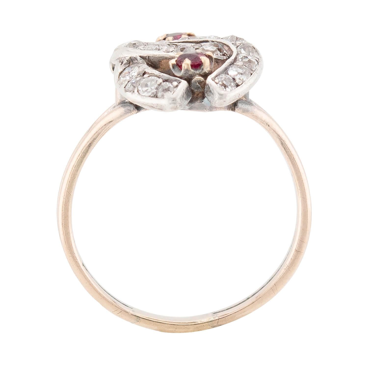 Victorian Style 14k Gold & Sterling Silver Diamond Ruby Double Horseshoe Ring - Elegant Jewelry for Women, Perfect for Weddings, Anniversaries & Special Occasions