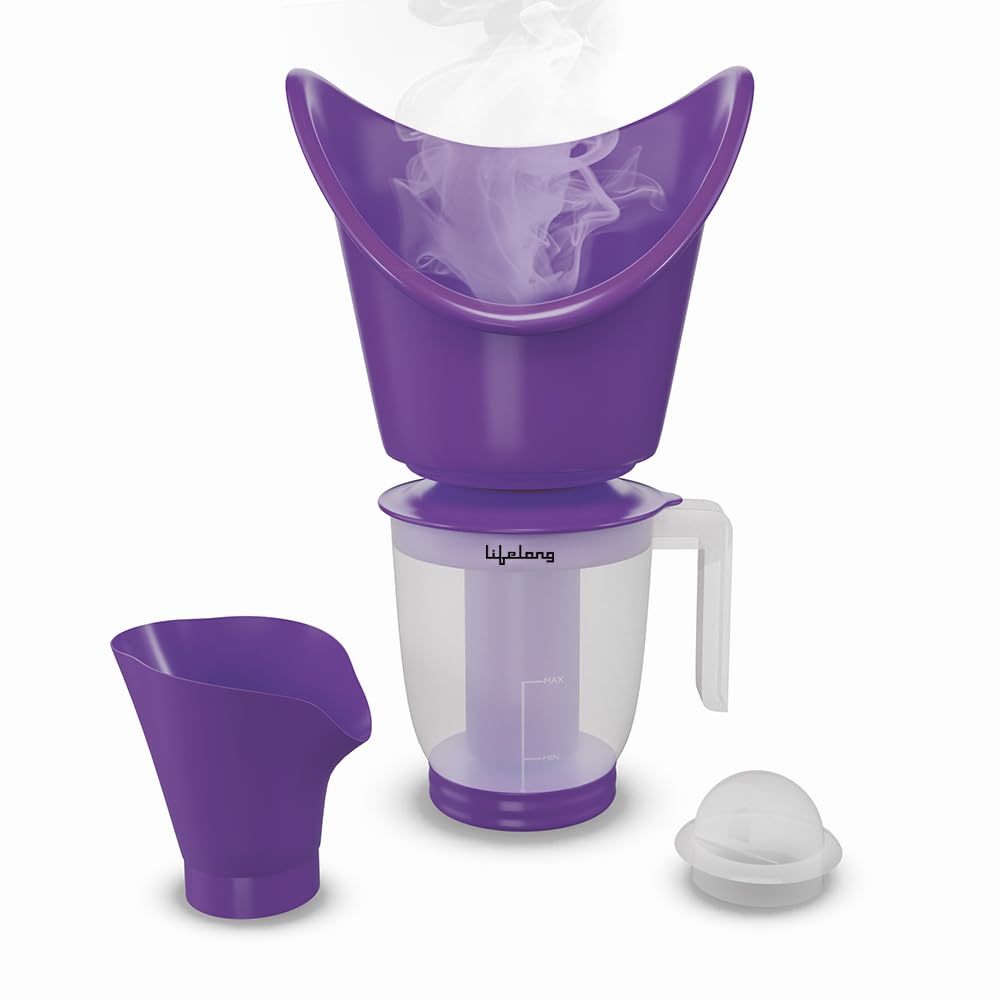 Lifelong LLS63 3-in-1 Face, Nose & Cough Steamer - Portable Steam Vaporizer with Nozzle Inhaler, Facial Sauna & Steamer for Adults & Kids | Purple | 1 Year Warranty | Perfect for Cold Relief, Sinus Congestion & Skincare Routine