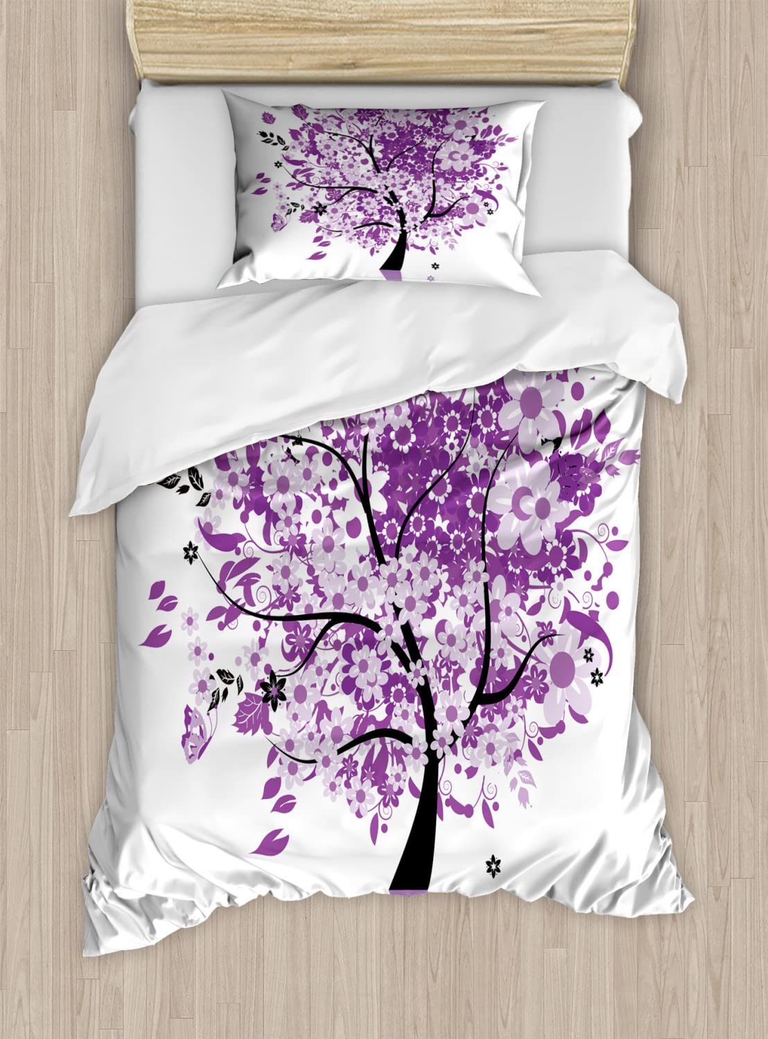 Ambesonne Nature Duvet Cover Set - Queen Size 2-Pack with Tree of Life Design, Blooming Flowers & Butterflies in Purple Lilac | Includes 2 Duvet Covers & 4 Pillowcases | Perfect for Spring Bedroom Decor, Guest Room Makeover & Cozy Home Styling