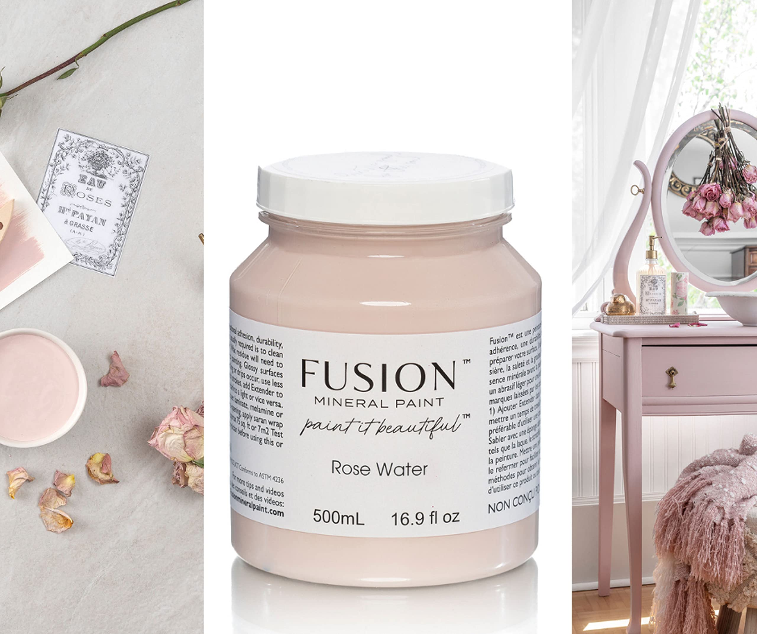 Fusion Mineral Paint - 500ml (16.9 oz) Rose Water - Premium Chalk Style Paint for Furniture, Cabinets & DIY Home Decor Projects - Eco-Friendly, Low VOC, No Sanding Required - Perfect for Shabby Chic & Farmhouse Style Makeovers