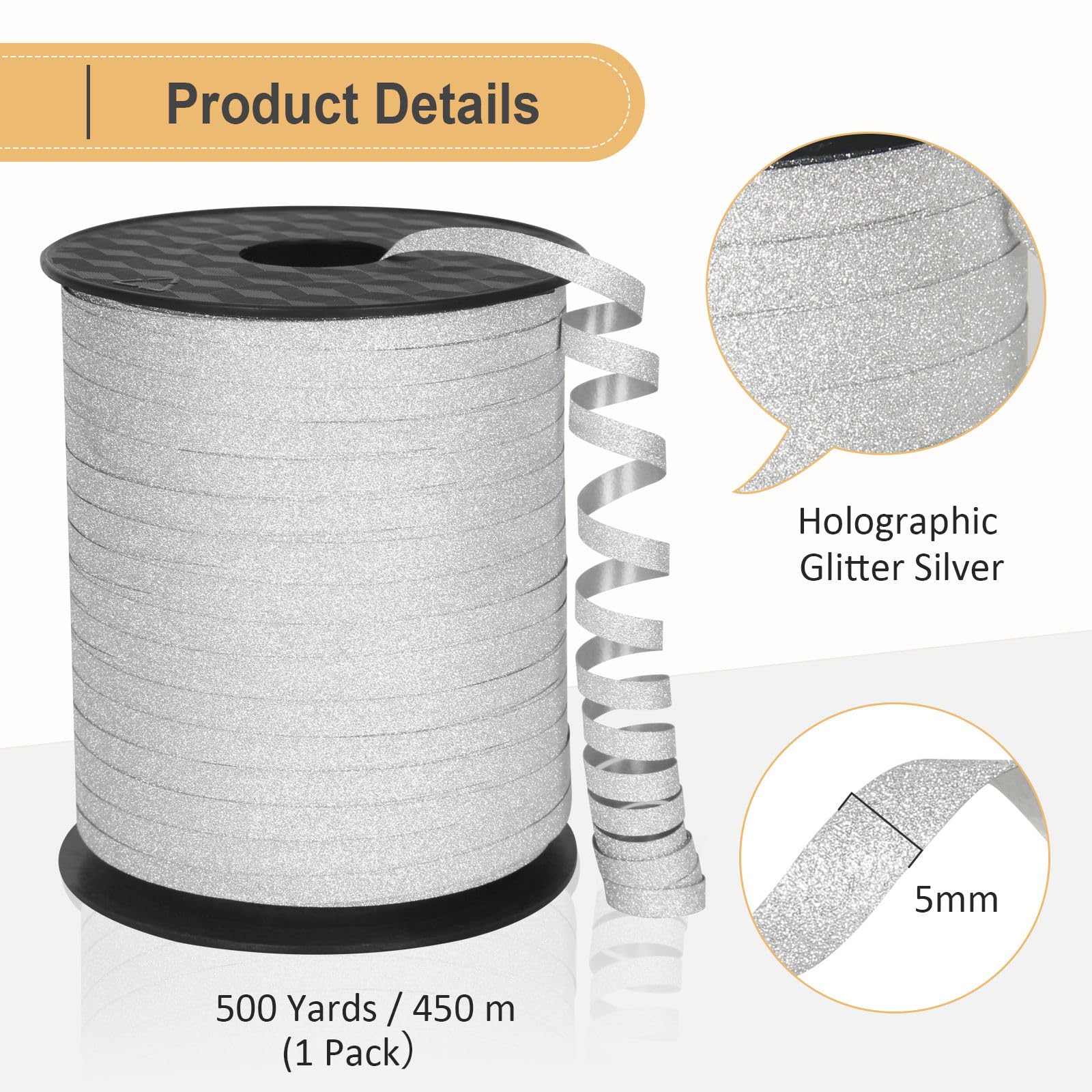 500 Yard Silver Curling Ribbon - Glitter Metallic Gift Wrapping Ribbon for Balloons, Birthdays, Christmas Decorations | Perfect for Party Decor, DIY Crafts & Holiday Gifts