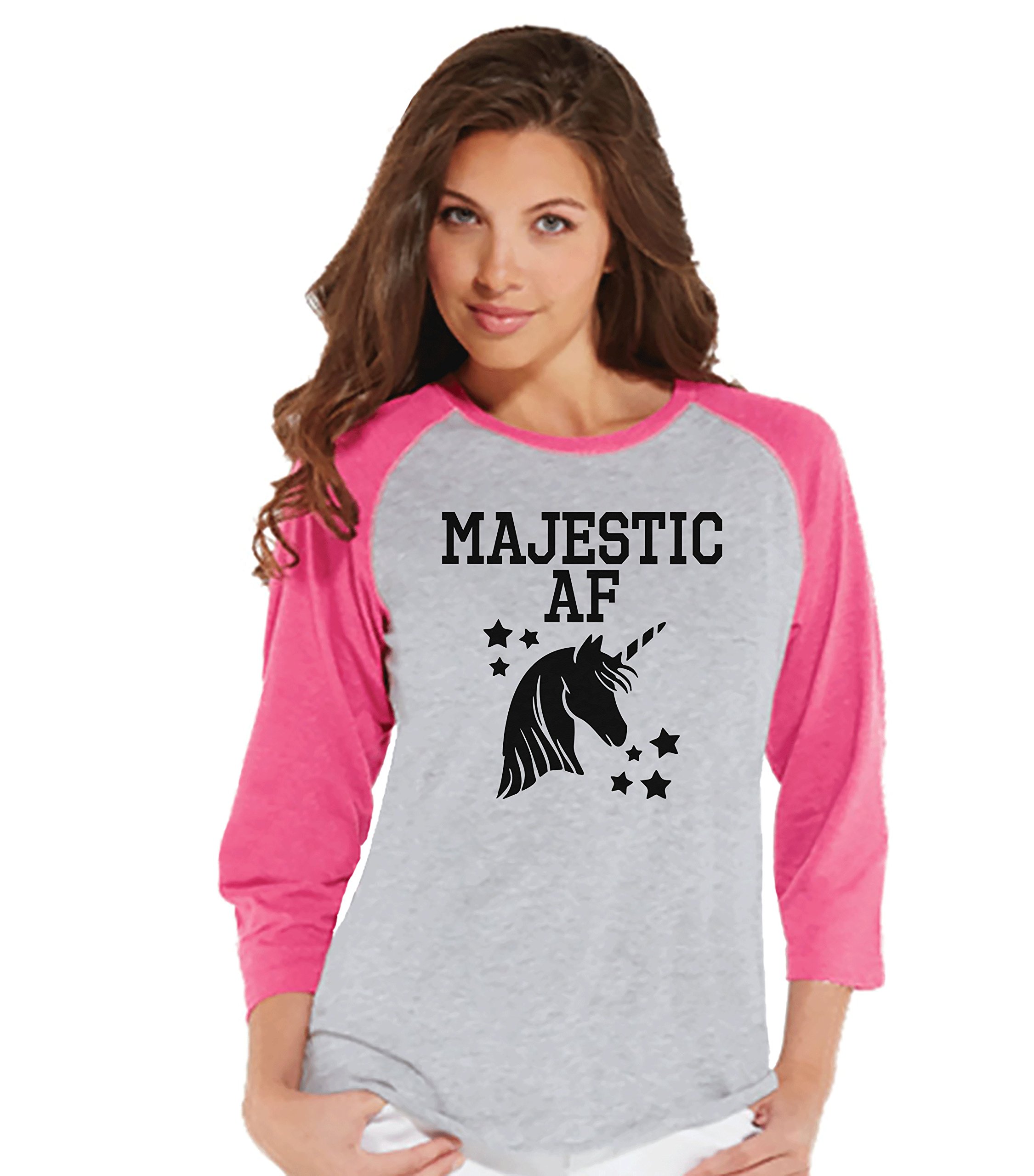 7 ate 9 Apparel Women's Majestic AF Unicorn Raglan Tee - Soft Graphic T-Shirt for Casual Wear, Festivals & Unicorn Lovers