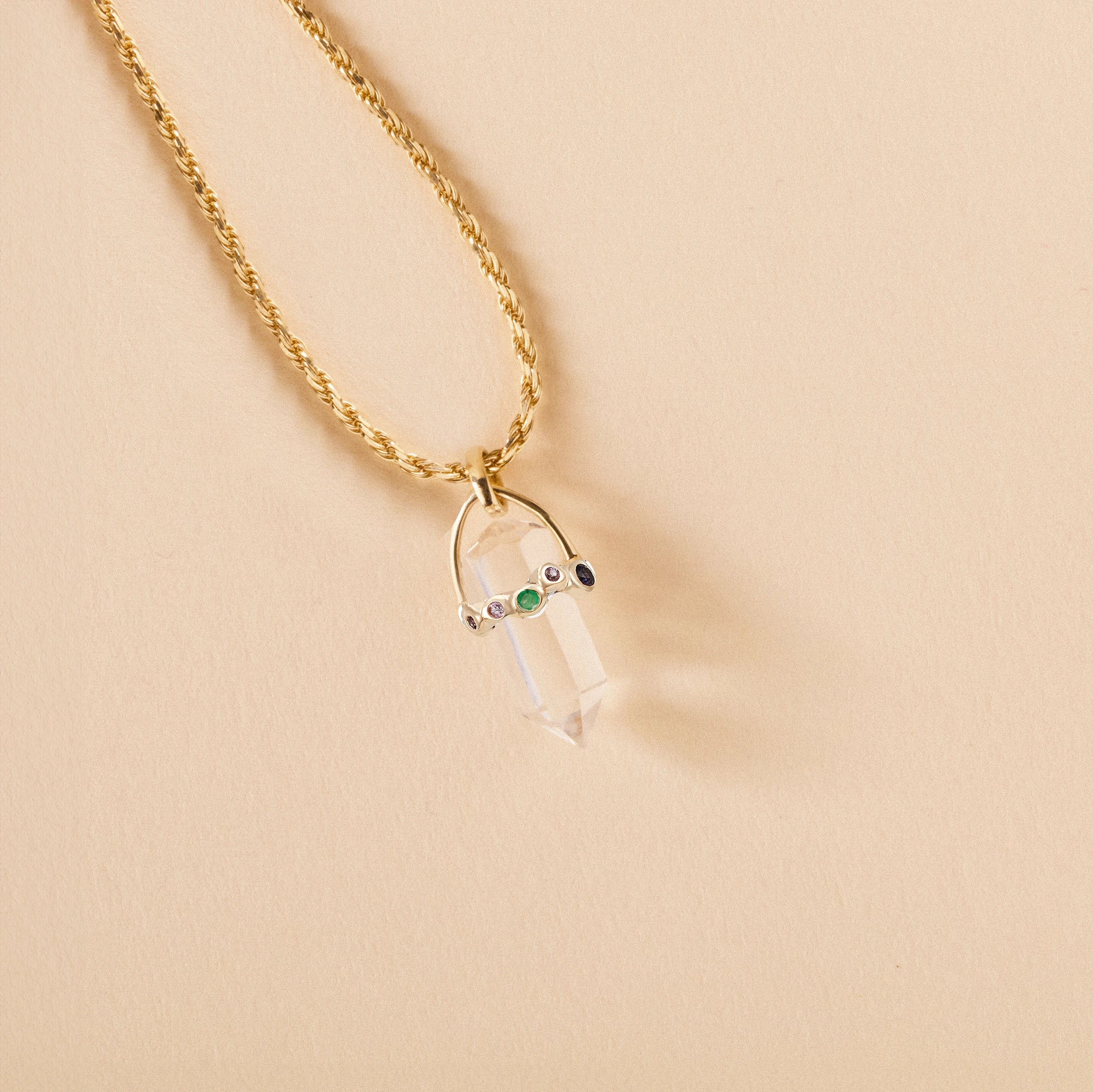 10K Yellow Gold Vibrant Journey Quartz Amulet with Sapphires - Elegant Clear Quartz & Sapphire Pendant for Spiritual Healing, Meditation & Positive Energy Jewelry Gift