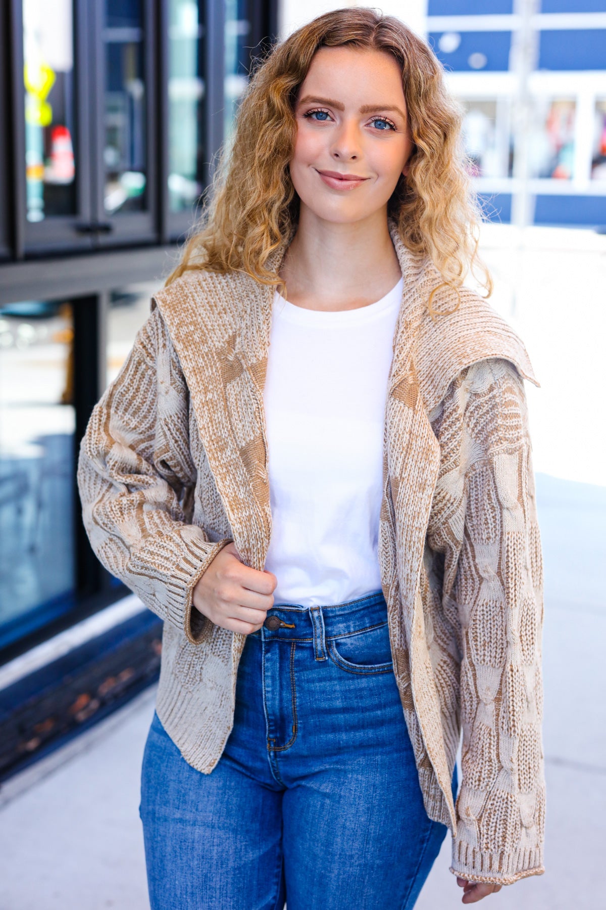 Cozy Taupe Textured Cable Knit Collared Cardigan for Women | Autumn Fall Sweater | Perfect for Layering, Office Wear & Casual Outfits