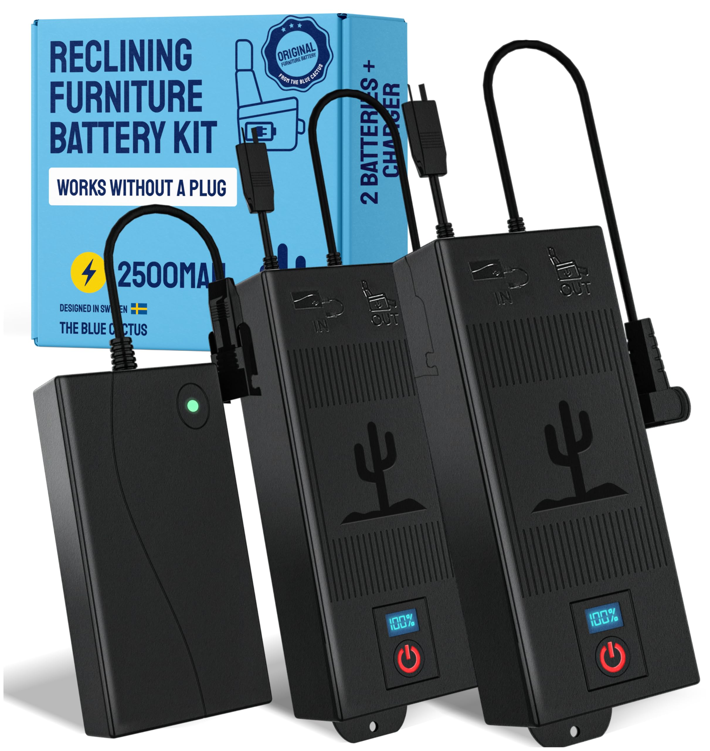 Universal Recliner Battery Packs (2-Pack) - 2500mAh Wireless Rechargeable Power Supply with LCD Display & Charger Combo - Perfect for Power Lift Chairs, Massage Recliners and Adjustable Furniture