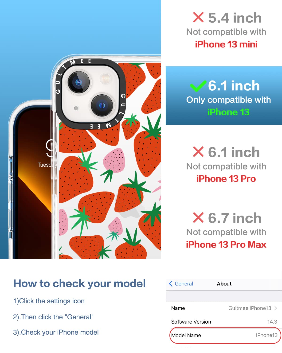 3 in 1 Cute Strawberry iPhone 13 Case with Built-in Bumper, Shockproof Protective Cover, Tempered Glass Screen Protector & Camera Lens Protector - Perfect for Everyday Use, Travel & Outdoor Activities